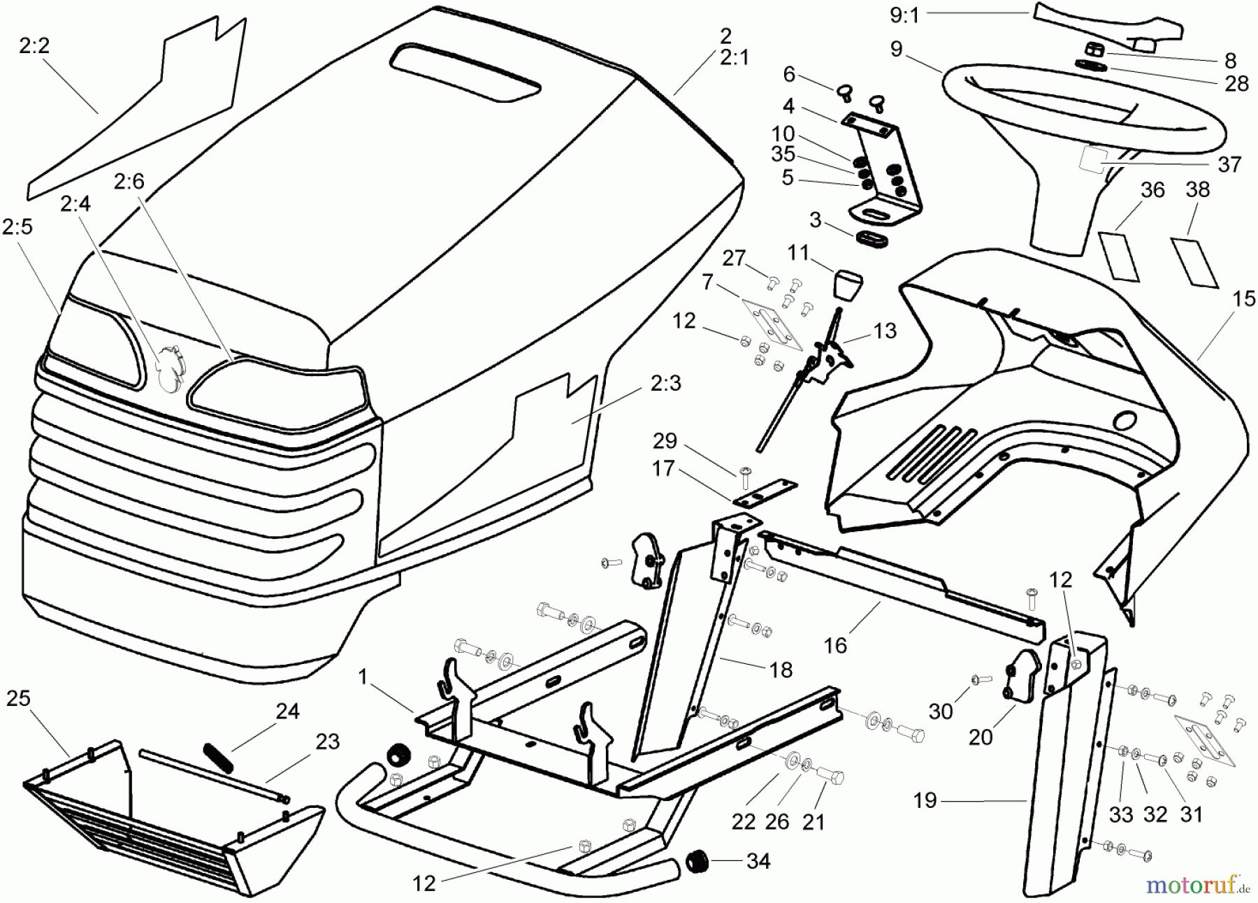  Toro Neu Mowers, Lawn & Garden Tractor Seite 1 74570 (DH 210) - Toro DH 210 Lawn Tractor, 2005 (250000001-250999999) BODY AND HOOD ASSEMBLY