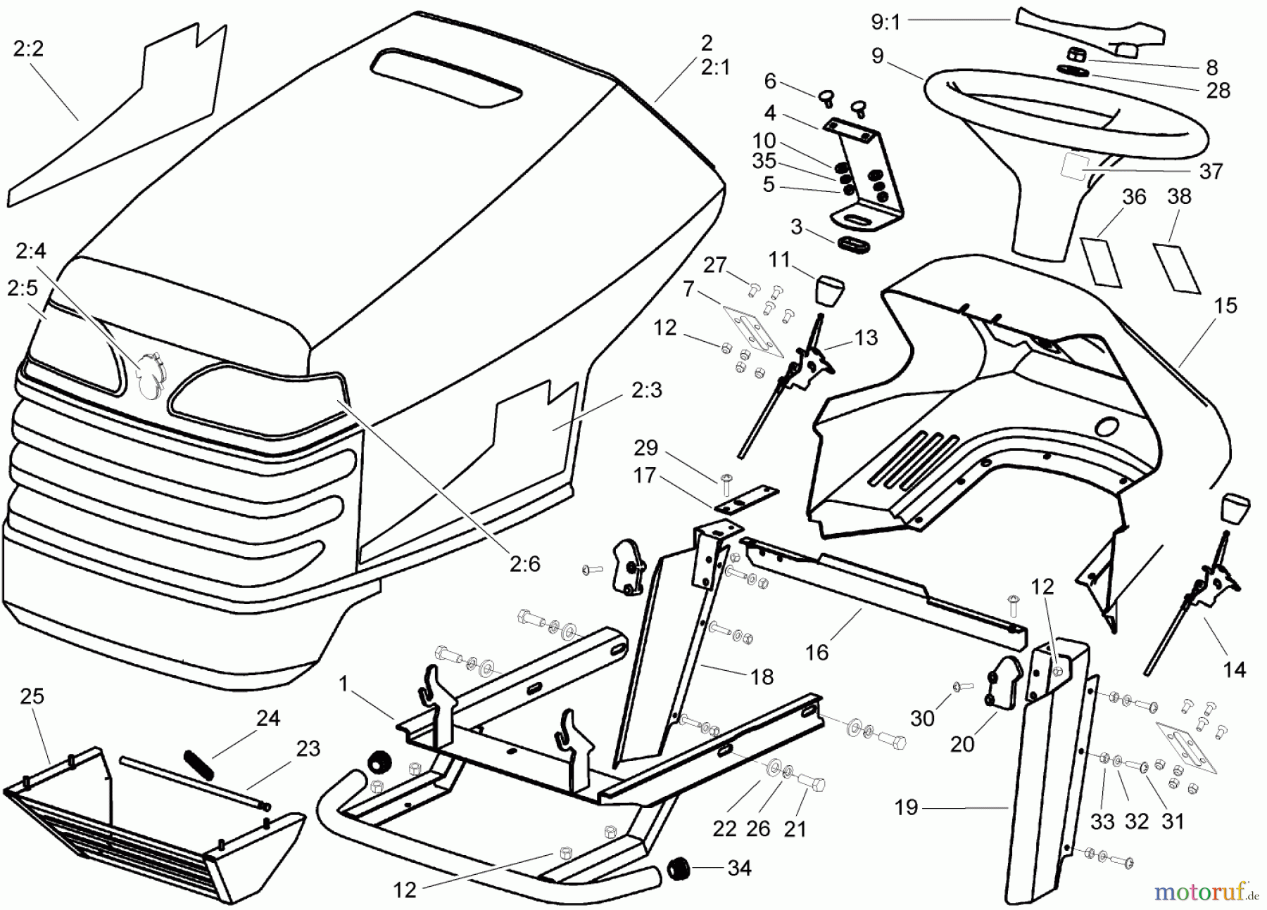  Toro Neu Mowers, Lawn & Garden Tractor Seite 1 74590 (DH 220) - Toro DH 220 Lawn Tractor, 2005 (250000001-250999999) BODY AND HOOD ASSEMBLY