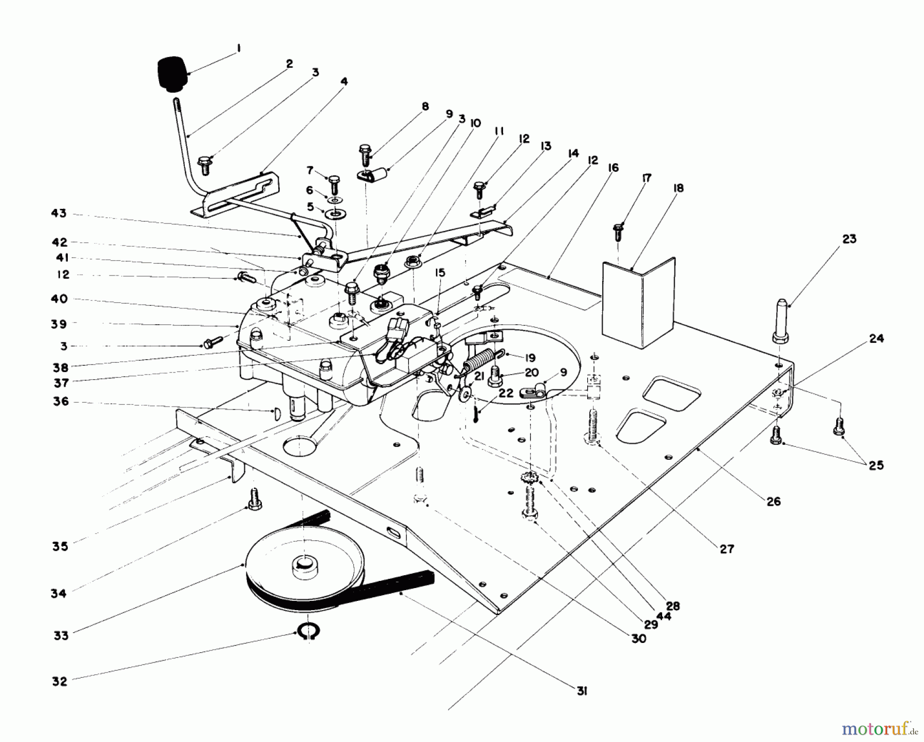  Toro Neu Mowers, Rear-Engine Rider 56125 (7-25) - Toro 7-25 Rear Engine Rider, 1987 (7000001-7999999) ENGINE PLATE AND SHIFT ASSEMBLY