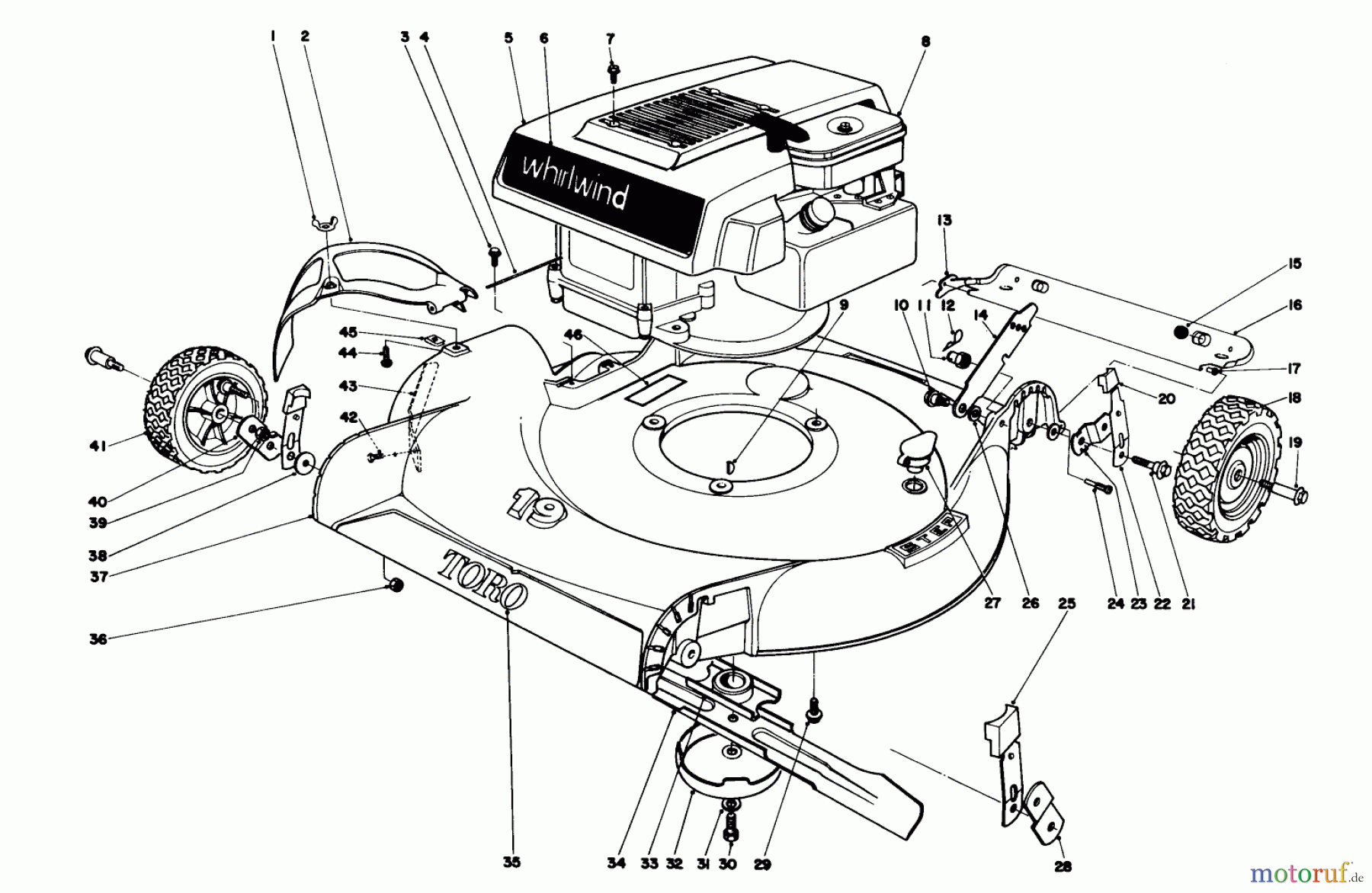  Toro Neu Mowers, Walk-Behind Seite 1 16173 - Toro Whirlwind Lawnmower, 1975 (5000001-5999999) HOUSING & ENGINE ASSEMBLY-MODELS 16073 & 16173