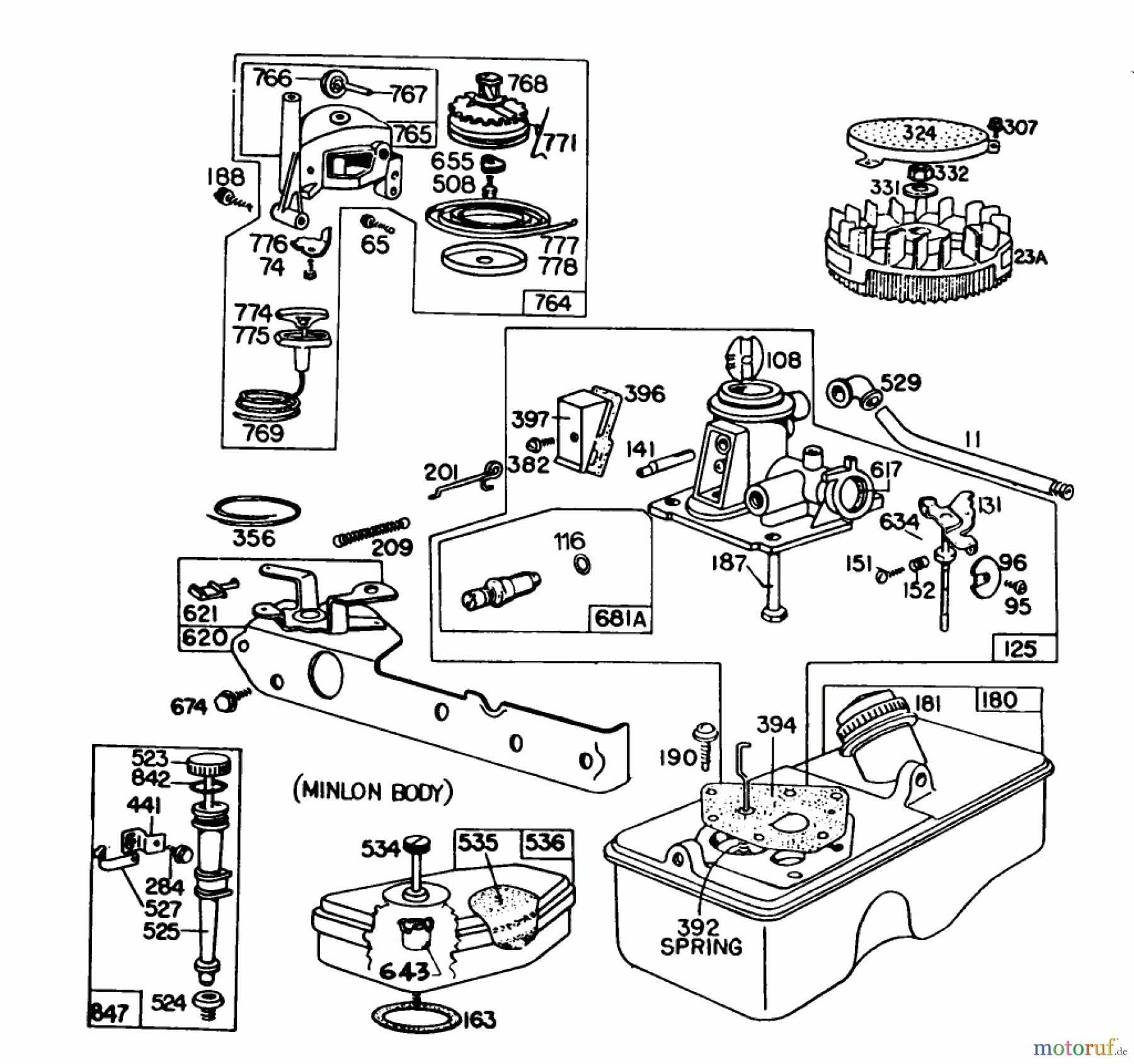  Toro Neu Mowers, Walk-Behind Seite 1 16880 - Toro Lawnmower, 1981 (1000001-1999999) CARBURETOR ASSEMBLY BRIGGS & STRATTON MODEL NO. 93508-0197-01