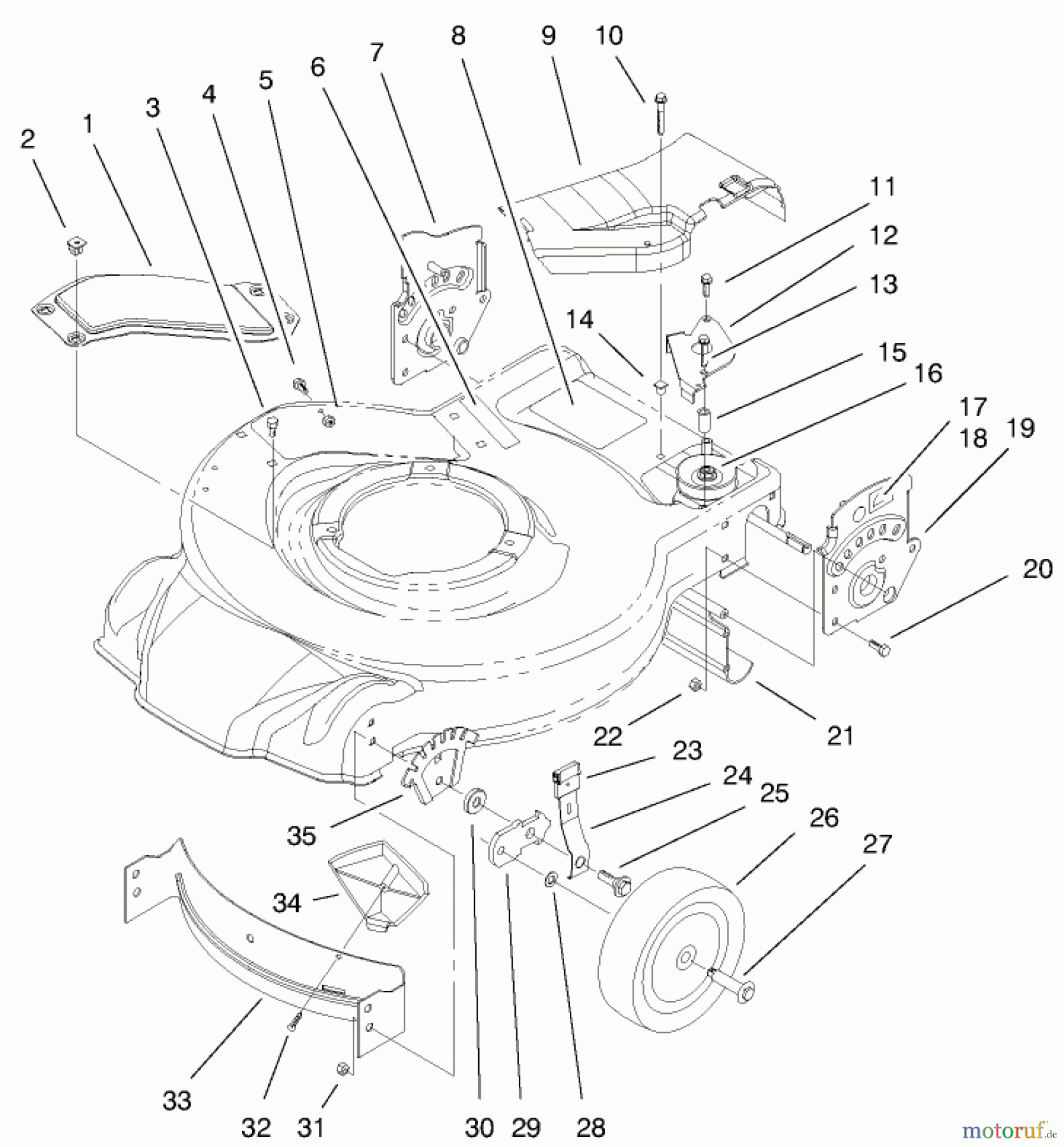  Toro Neu Mowers, Walk-Behind Seite 1 20029 - Toro Recycler Mower, 1999 (9900001-9999999) HOUSING, HANDLE BRACKETS & WHEEL ASSEMBLY