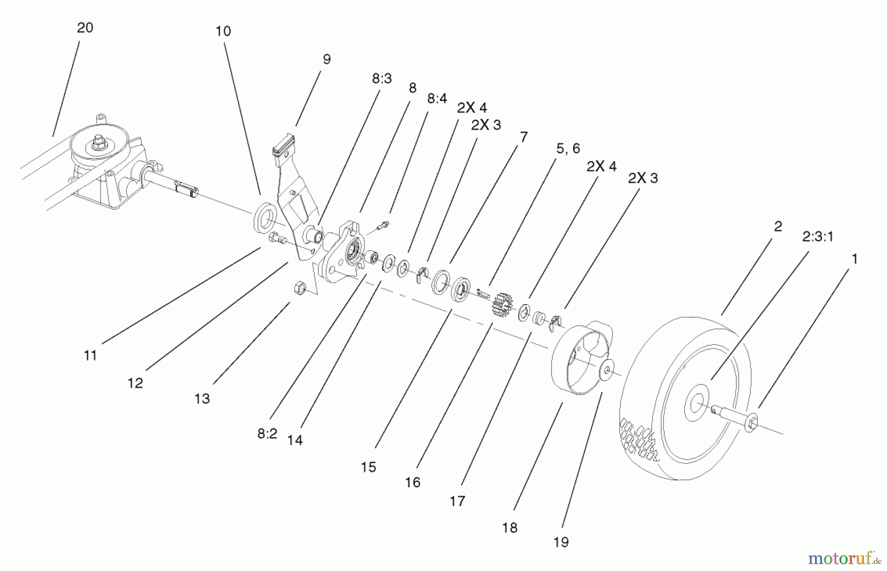  Toro Neu Mowers, Walk-Behind Seite 1 20036 - Toro Super Recycler Mower, 2002 (220000001-220999999) GEAR CASE AND WHEEL ASSEMBLY