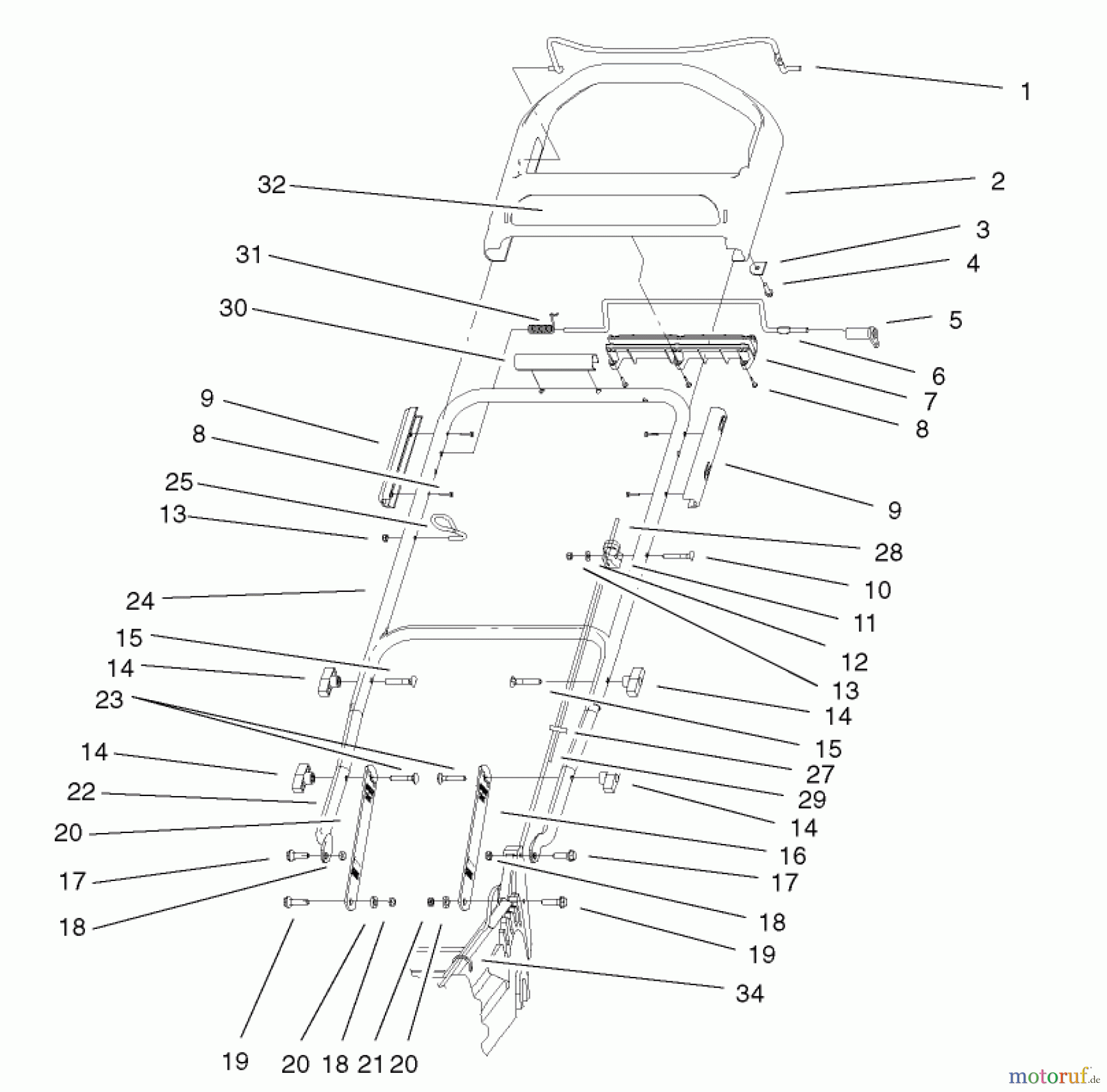  Toro Neu Mowers, Walk-Behind Seite 1 20043 (SR-21SB) - Toro Super Recycler Mower, SR-21SB, 1999 (9900001-9999999) HANDLE & CONTROLS ASSEMBLY