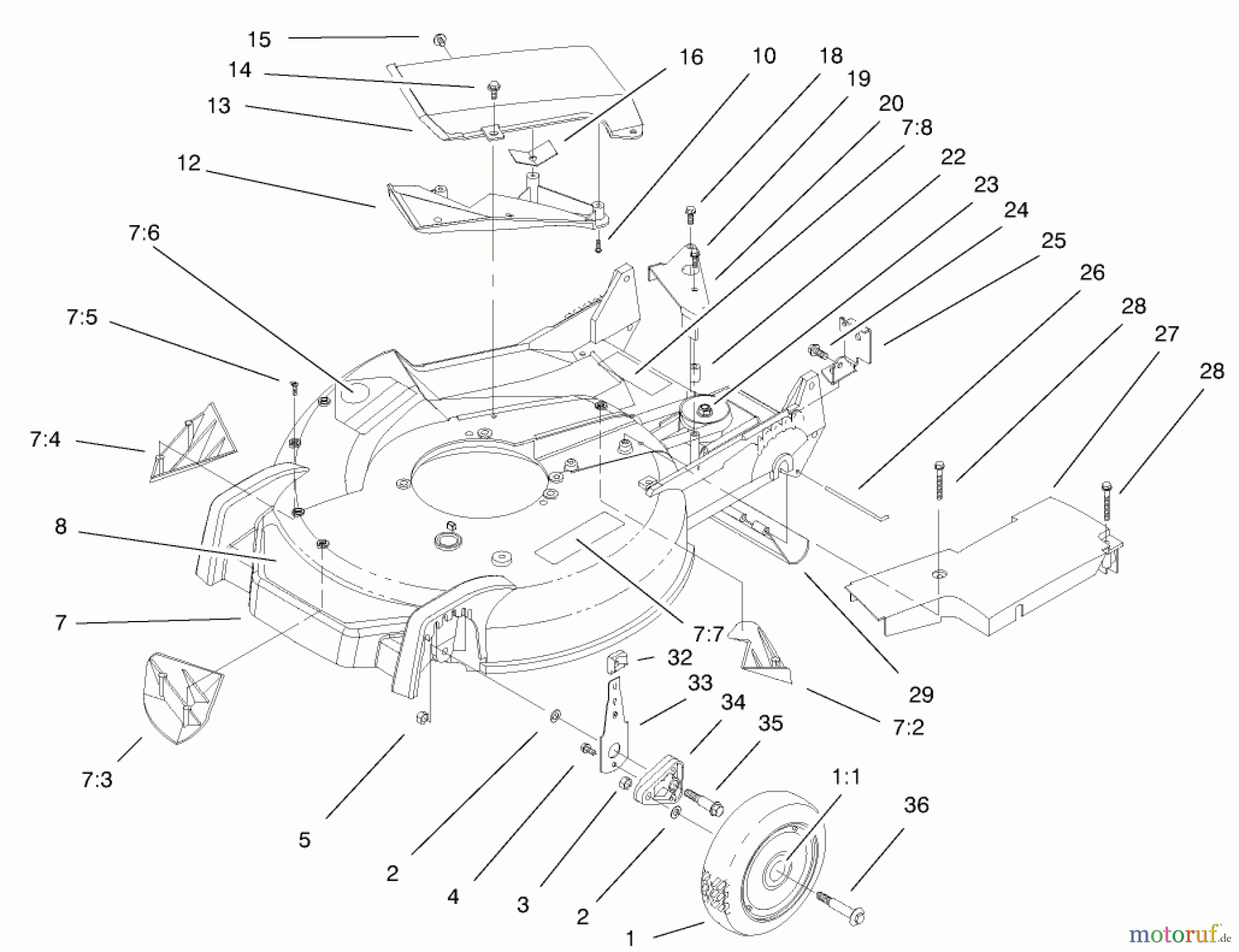  Toro Neu Mowers, Walk-Behind Seite 1 20043 (SR-21SB) - Toro Super Recycler Mower, SR-21SB, 2001 (210000001-210999999) HOUSING, HANDLE BRACKETS, AND WHEEL ASSEMBLY