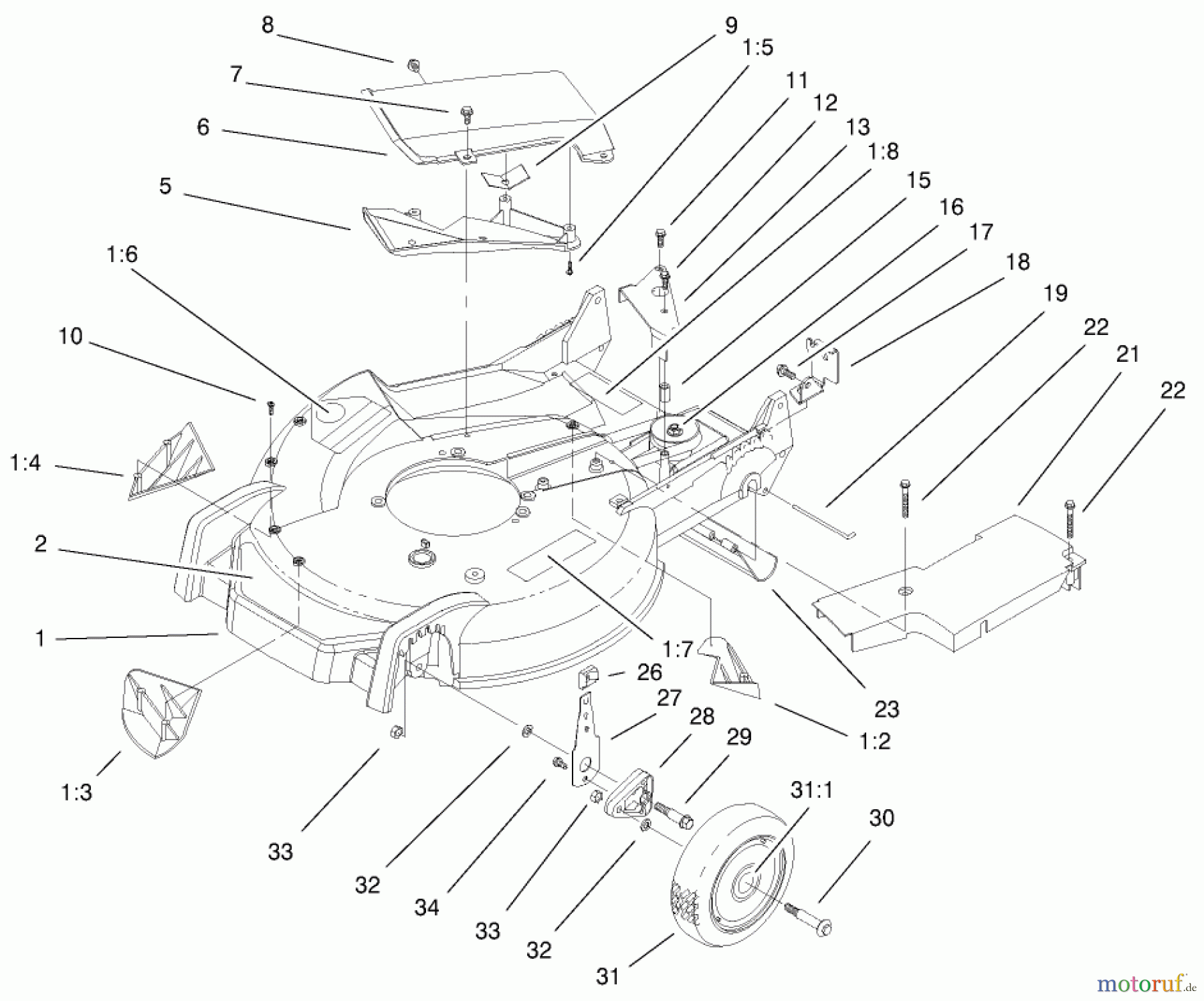  Toro Neu Mowers, Walk-Behind Seite 1 20045 (SR-21SE) - Toro Super Recycler Mower, SR-21SE, 1999 (9900001-9999999) HOUSING, HANDLE BRACKET AND WHEEL ASSEMBLY