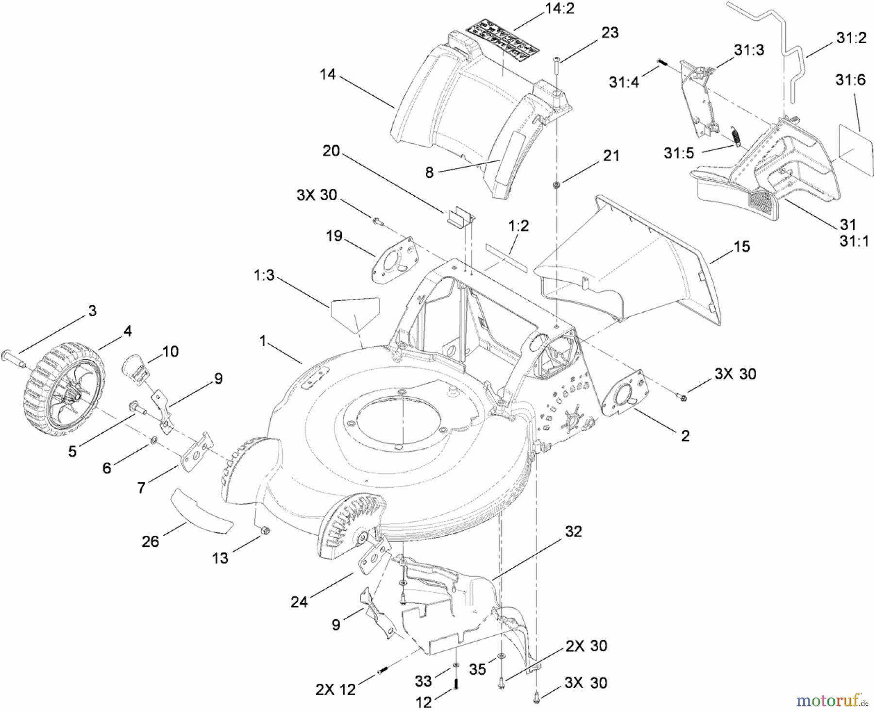  Toro Neu Mowers, Walk-Behind Seite 1 20192 - Toro Super Bagger Lawn Mower, 2010 (310000001-310999999) DECK HOUSING, FRONT WHEEL AND MULCH PLUG ASSEMBLY