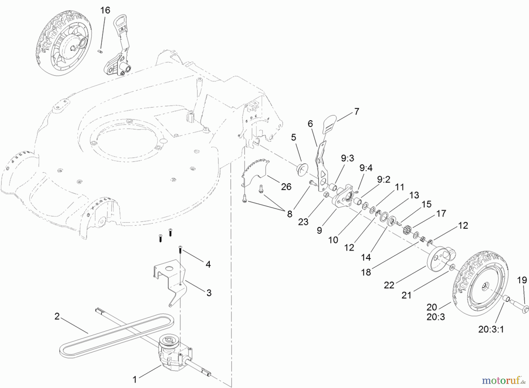  Toro Neu Mowers, Walk-Behind Seite 1 20382 - Toro Super Recycler Lawn Mower, 2012 (SN 312000001-312999999) REAR WHEEL AND HEIGHT-OF-CUT ASSEMBLY