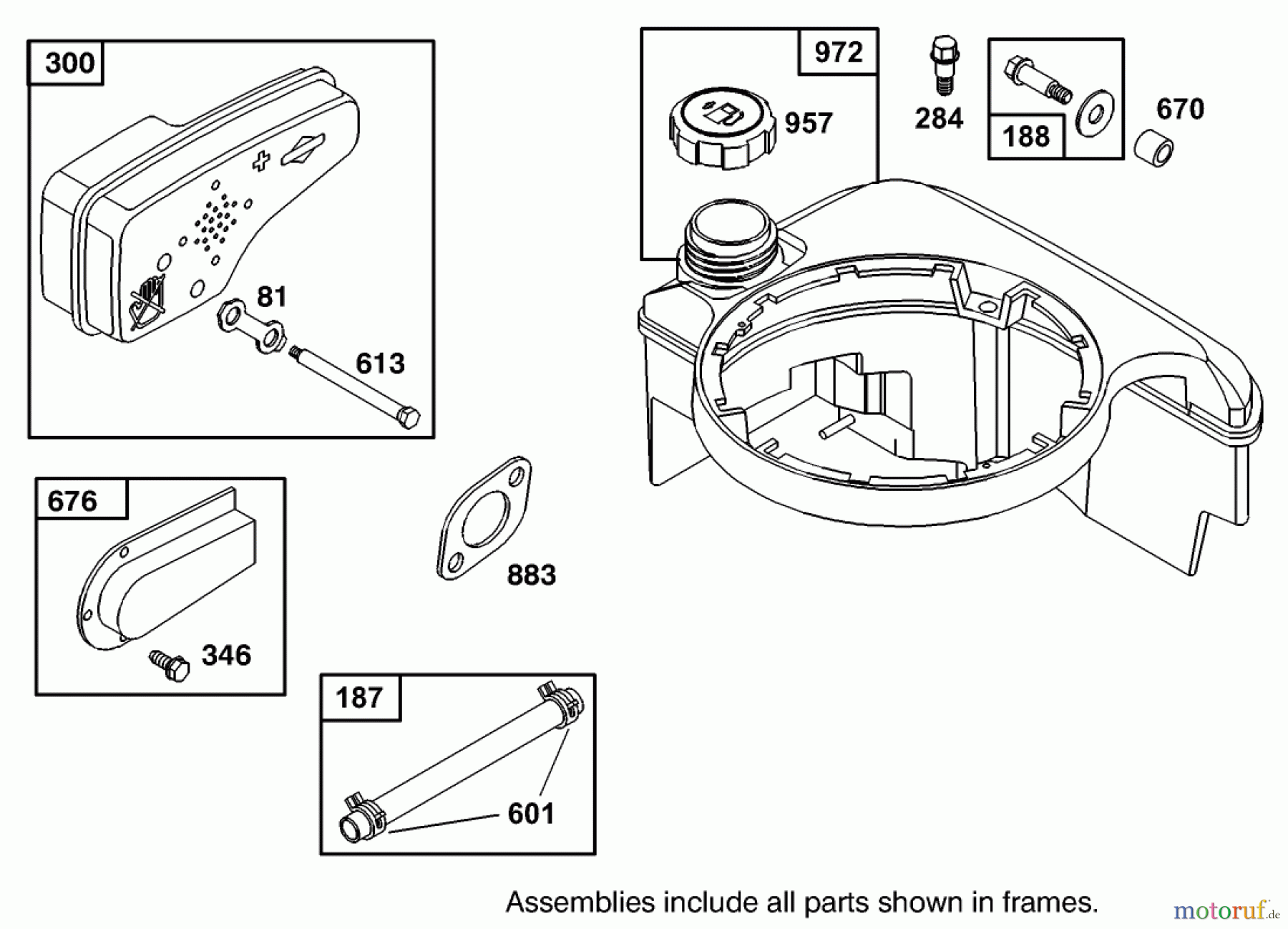  Toro Neu Mowers, Walk-Behind Seite 1 20444 - Toro Lawnmower, 1995 (5900001-5999999) MUFFLER AND FUEL TANK ASSEMBLY BRIGGS AND STRATTON 127802-0640-01