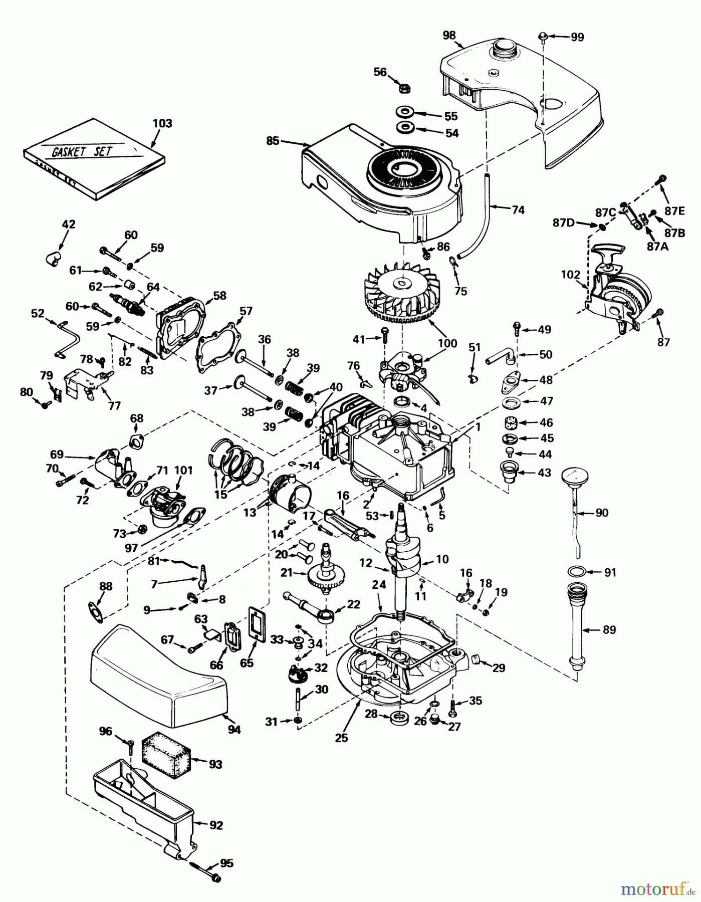  Toro Neu Mowers, Walk-Behind Seite 1 20474 - Toro Guardian Lawnmower, 1975 (5000001-5999999) ENGINE TECUMSEH MODEL NO. TNT 100-10043 (MOWER MODEL NO. 21610)