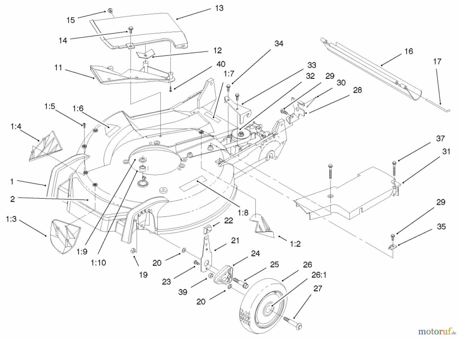  Toro Neu Mowers, Walk-Behind Seite 1 20487 (SR-21OSBB) - Toro Super Recycler Mower, SR-21OSBB, 1999 (9900001-9999999) HOUSING ASSEMBLY