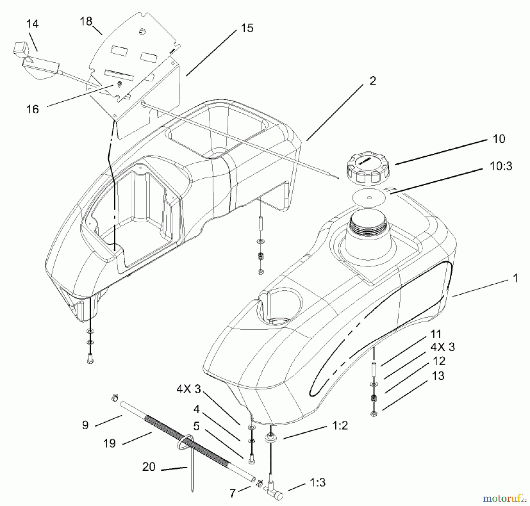  Toro Neu Mowers, Zero-Turn 74405 (18-52ZX) - Toro 18-52ZX TimeCutter ZX Riding Mower, 2004 (240000001-240999999) FUEL TANK ASSEMBLY