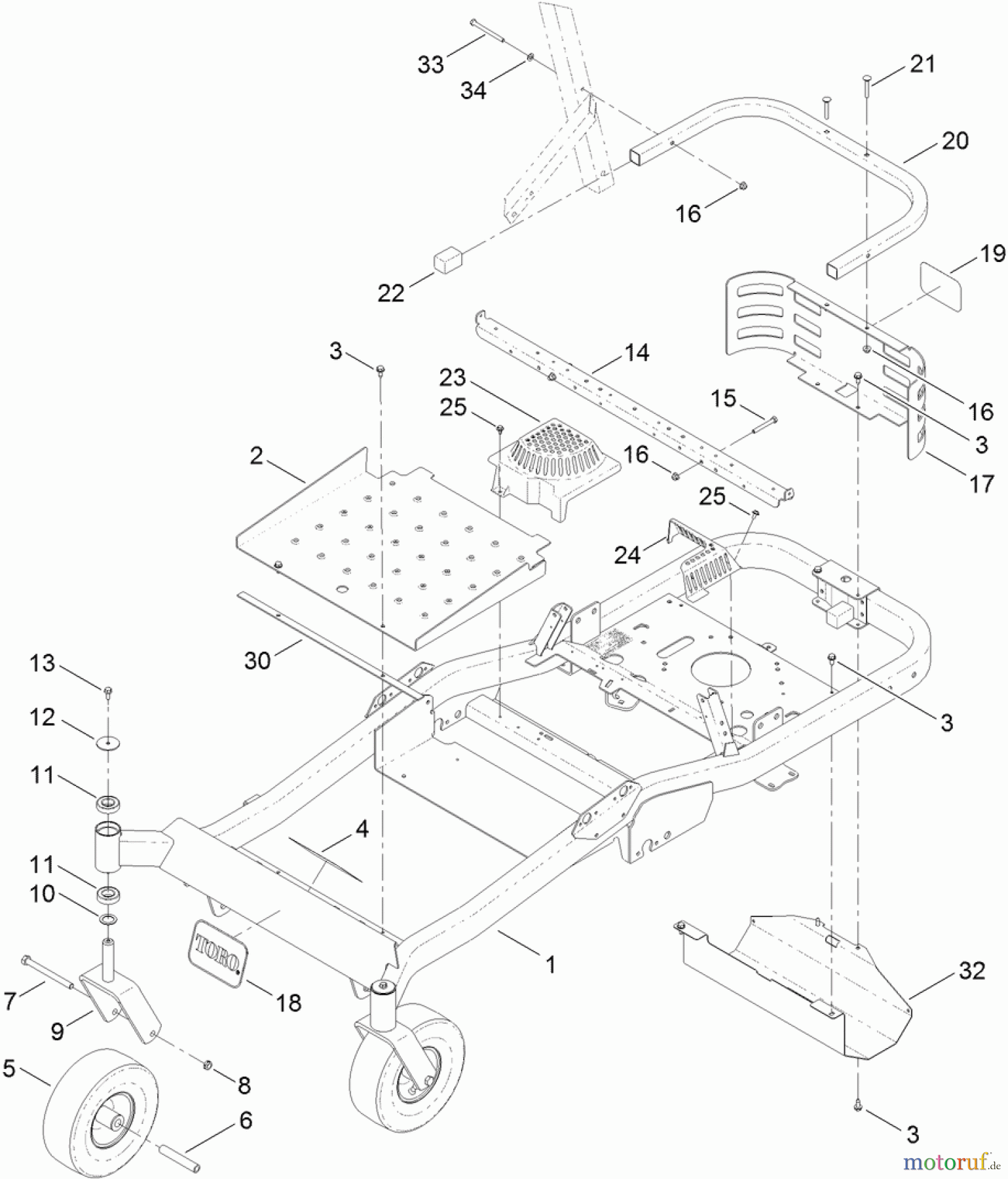  Toro Neu Mowers, Zero-Turn 74841 (ZX4820) - Toro TITAN ZX4820 Zero-Turn-Radius Riding Mower, 2012 (SN 312000001-312999999) MAIN FRAME AND CASTER WHEEL ASSEMBLY