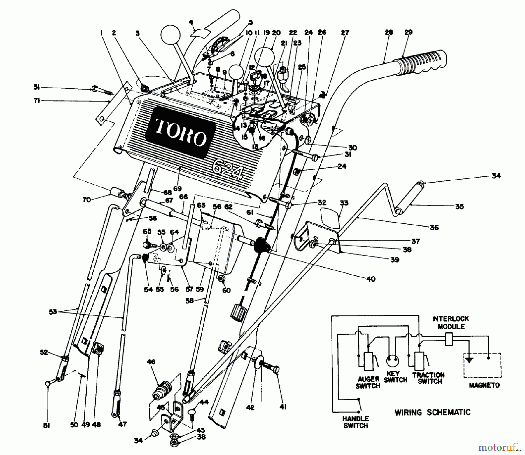  Toro Neu Snow Blowers/Snow Throwers Seite 1 38065 (624) - Toro 624 Snowthrower, 1990 (0000001-0999999) HANDLE ASSEMBLY