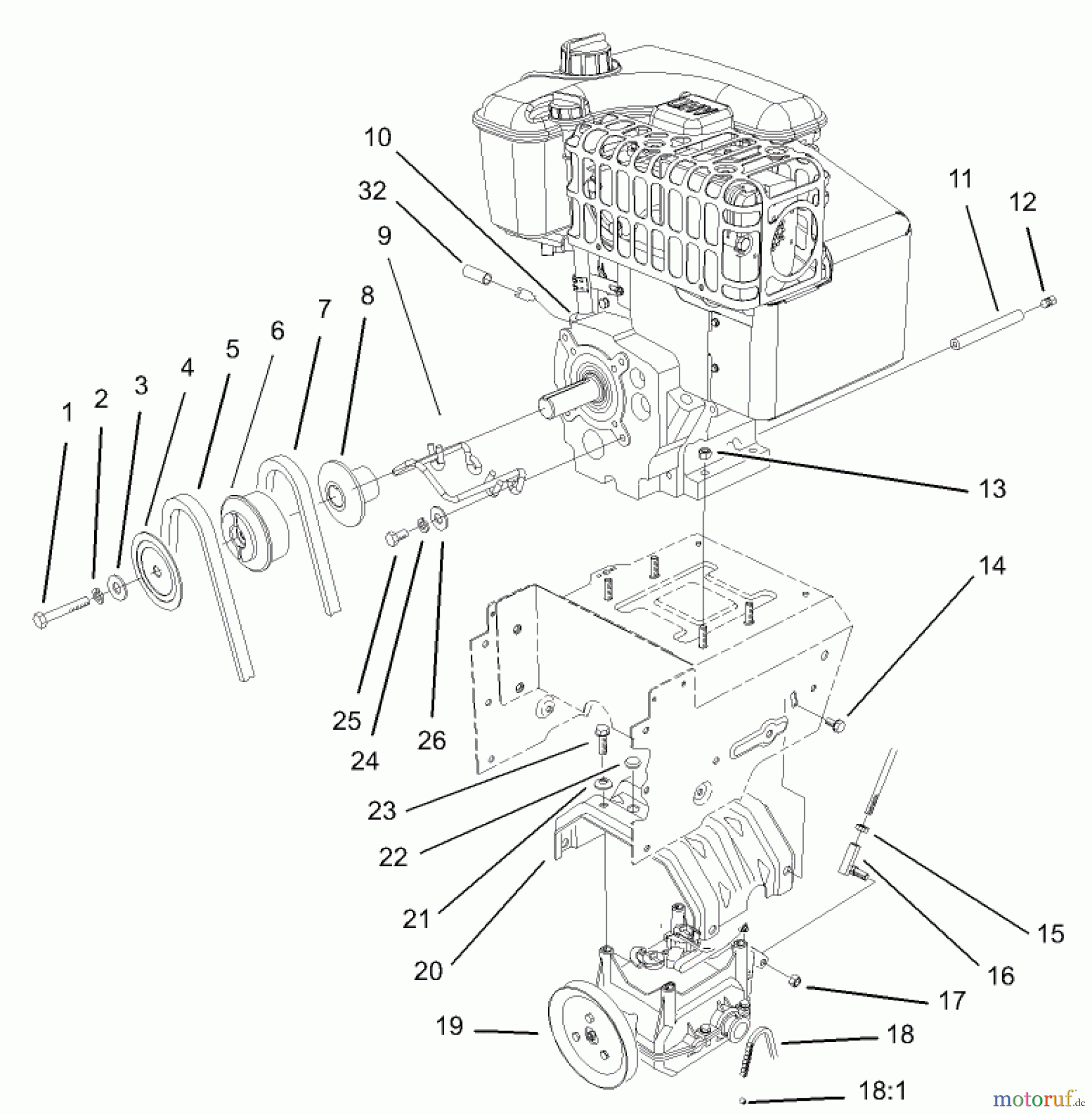  Toro Neu Snow Blowers/Snow Throwers Seite 1 38087 (1332) - Toro 1332 Power Shift Snowthrower, 2004 (240000001-240999999) ENGINE AND TRANSMISSION ASSEMBLY