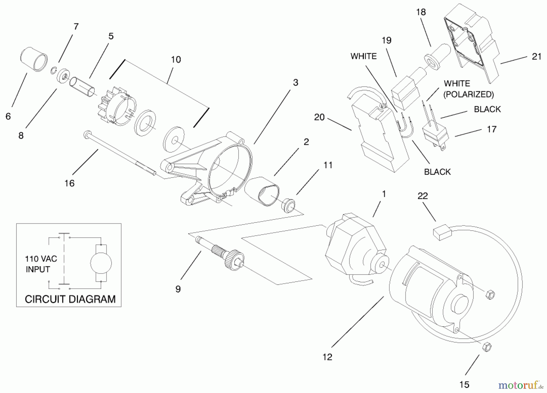  Toro Neu Snow Blowers/Snow Throwers Seite 1 38400 (1000) - Toro CCR 1000 Snowthrower, 1999 (99000001-99999999) MOTOR & SWITCH HOUSING ASSEMBLY (MODEL NO. 38405)(120 VOLT)