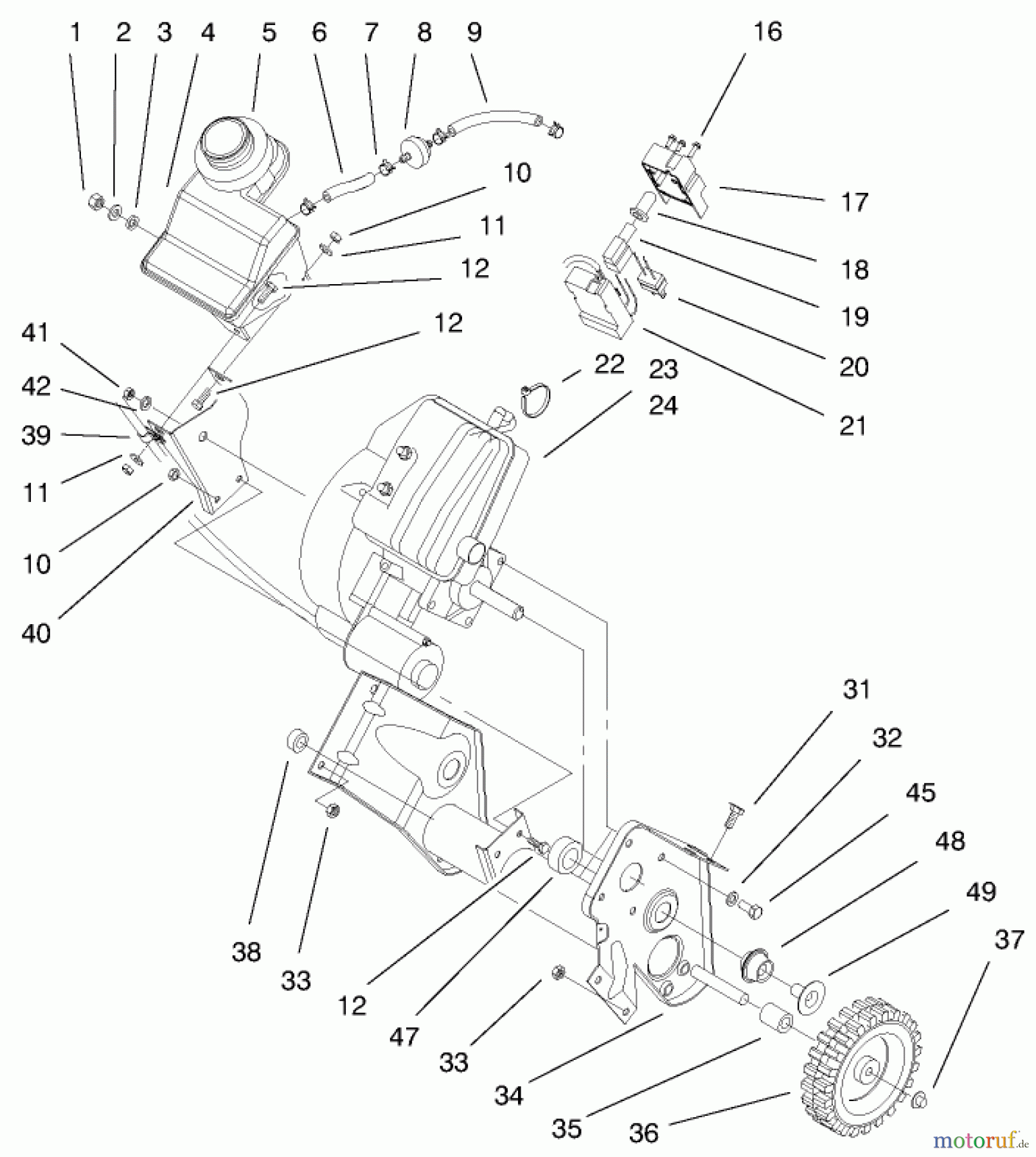  Toro Neu Snow Blowers/Snow Throwers Seite 1 38435 (3000) - Toro CCR 3000 Snowthrower, 1999 (9900001-9999999) ENGINE & GAS TANK ASSEMBLY