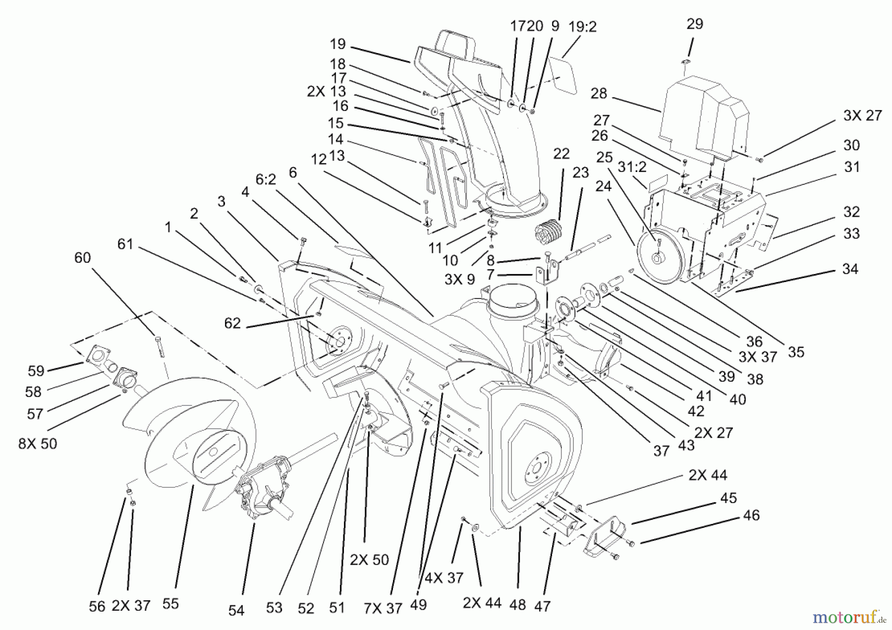  Toro Neu Snow Blowers/Snow Throwers Seite 1 38559 (1028) - Toro 1028 Power Shift Snowthrower, 2004 (240000001-240999999) HOUSING AND ENGINE FRAME ASSEMBLY