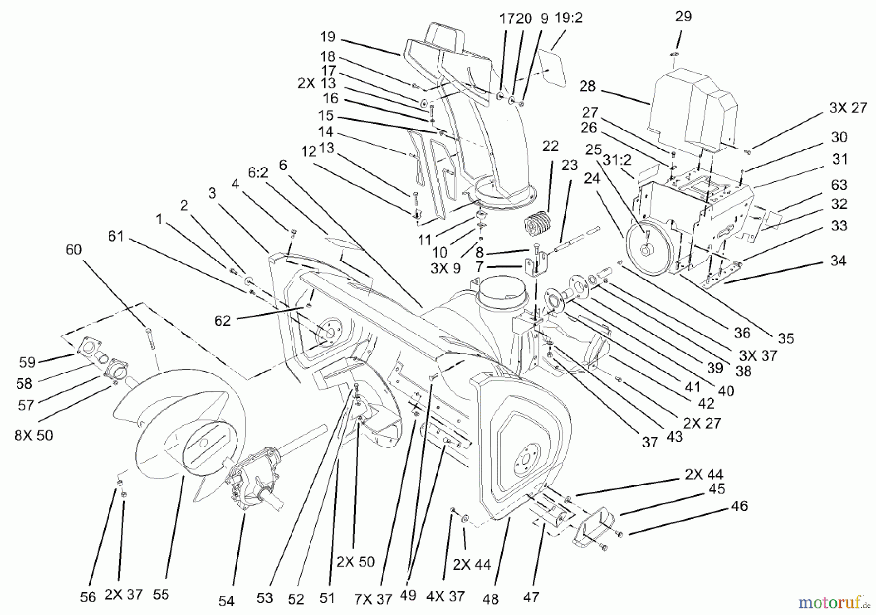  Toro Neu Snow Blowers/Snow Throwers Seite 1 38560 (1028) - Toro 1028 Power Shift Snowthrower, 2004 (240000001-240999999) HOUSING AND ENGINE FRAME ASSEMBLY