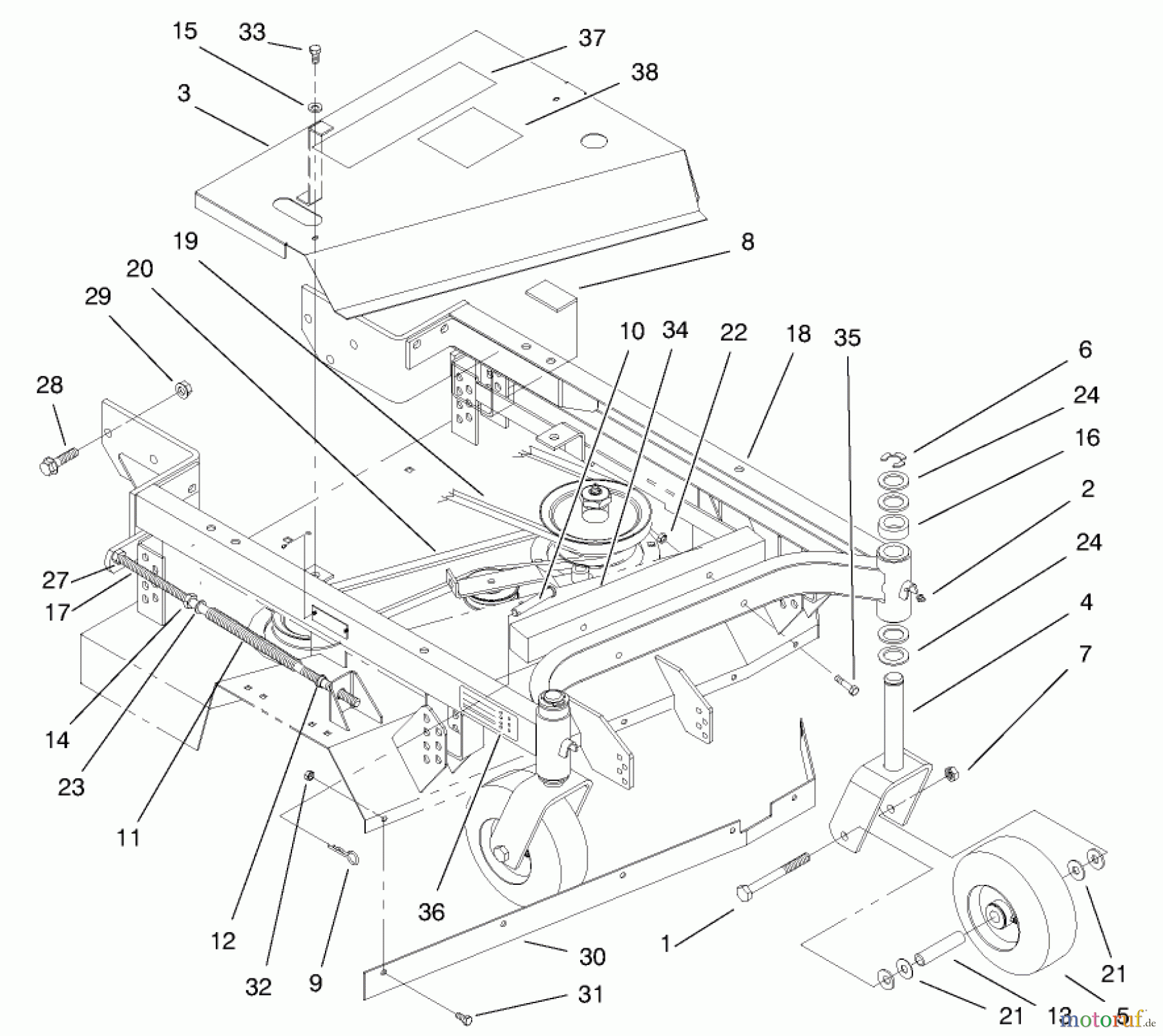  Mähdecks 30138 - Toro 92cm Side Discharge Mower (SN: 990001 - 999999) (1999) FRAME, BELT AND WHEEL ASSEMBLY