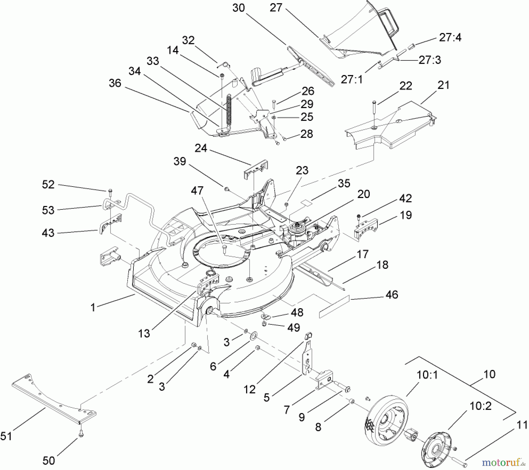  Rasenmäher 22168TE - Toro 53cm Heavy-Duty Recycler Mower (SN: 250000001 - 250999999) (2005) DECK, CHUTE AND WHEEL ASSEMBLY