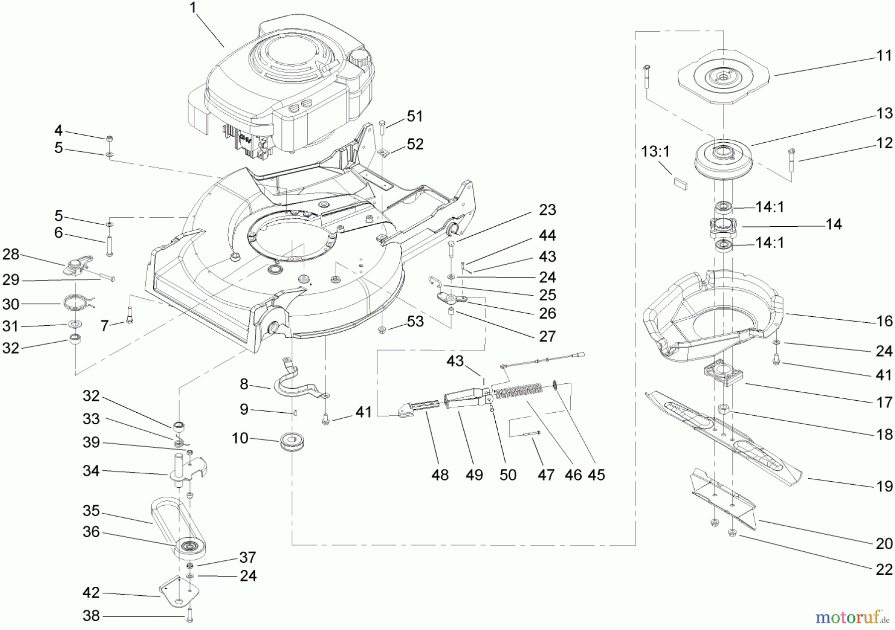  Rasenmäher 22168TE - Toro 53cm Heavy-Duty Recycler Mower (SN: 250000001 - 250999999) (2005) ENGINE, BELT AND BLADE ASSEMBLY