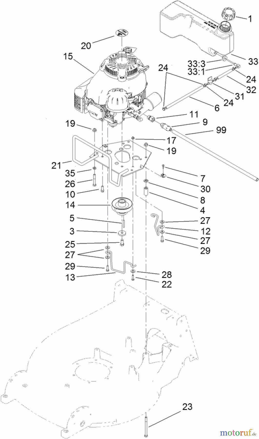  Rasenmäher 22203TE - Toro 66cm Heavy-Duty Rear Bagger Lawn Mower (SN: 313000001 - 313999999) (2013) ENGINE AND FUEL TANK ASSEMBLY