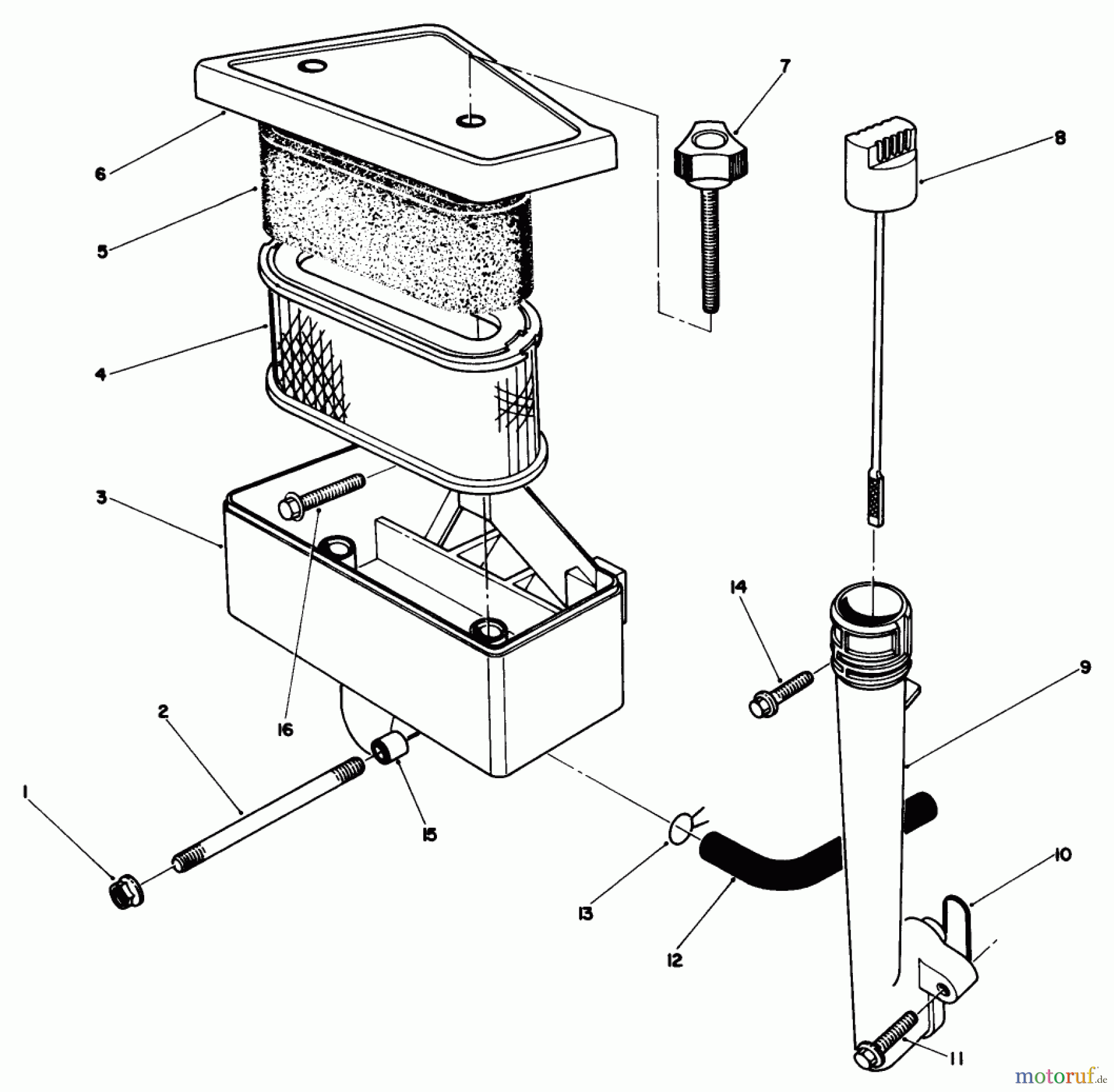  Rasenmäher 22510 - Toro Walk-Behind Mower (SN: 8000001 - 8999999) (1988) AIR CLEANER & OIL FILL TUBE ASSEMBLY MODEL NO. VMH7