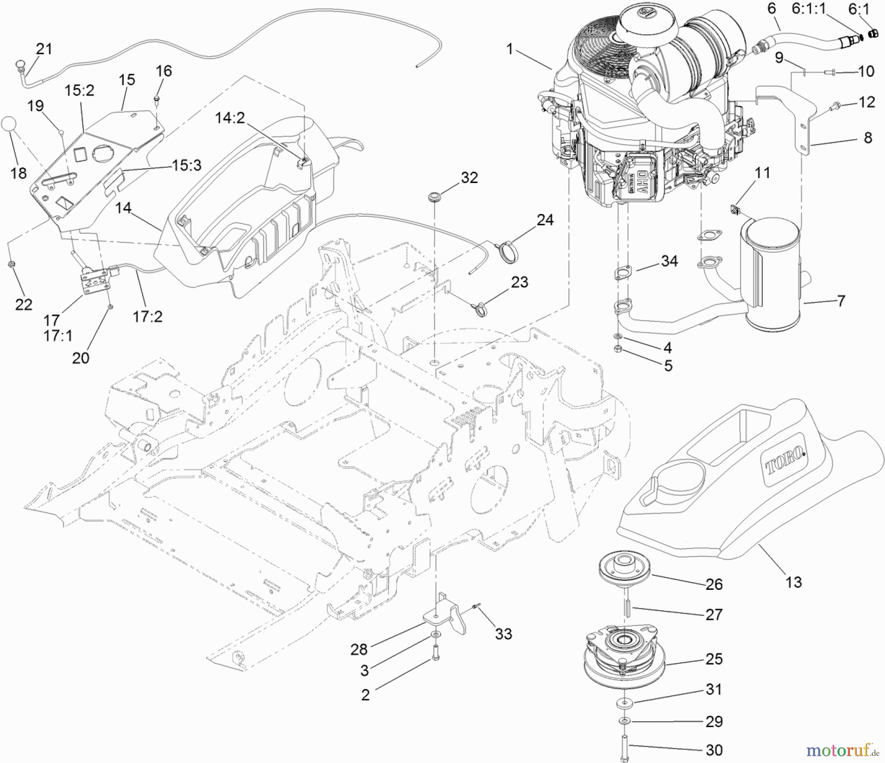  Zerto-Turn Mäher 74142TE - Toro Z Master Commercial 2000 Series Riding Mower, with 48 TURBO FORCE Side Discharge Mower (SN: 314000001 - 314999999) (2014) ENGINE, MUFFLER AND CONTROL PANEL ASSEMBLY