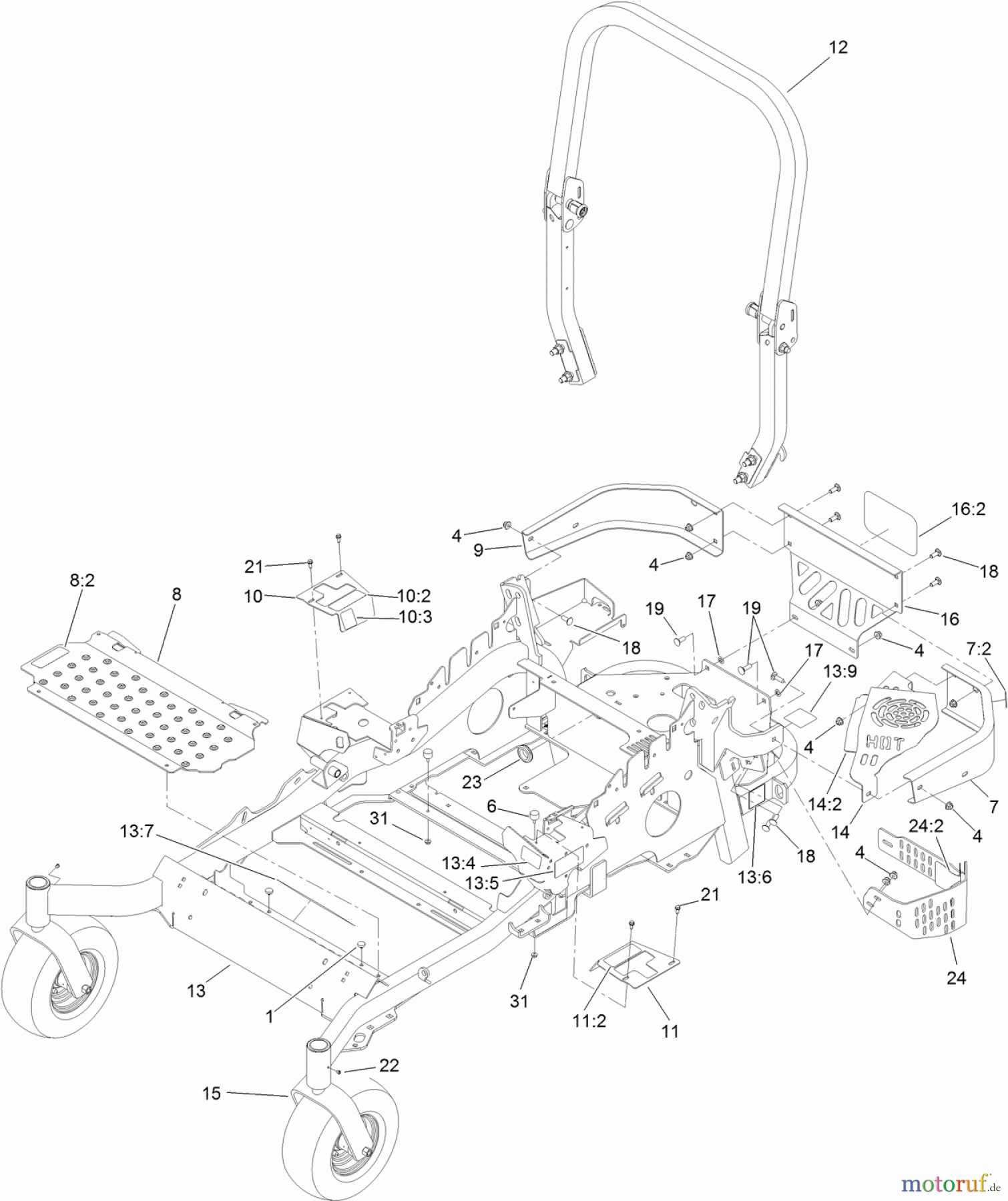  Zerto-Turn Mäher 74142TE - Toro Z Master Commercial 2000 Series Riding Mower, with 48 TURBO FORCE Side Discharge Mower (SN: 314000001 - 314999999) (2014) FRAME AND CASTER WHEEL ASSEMBLY