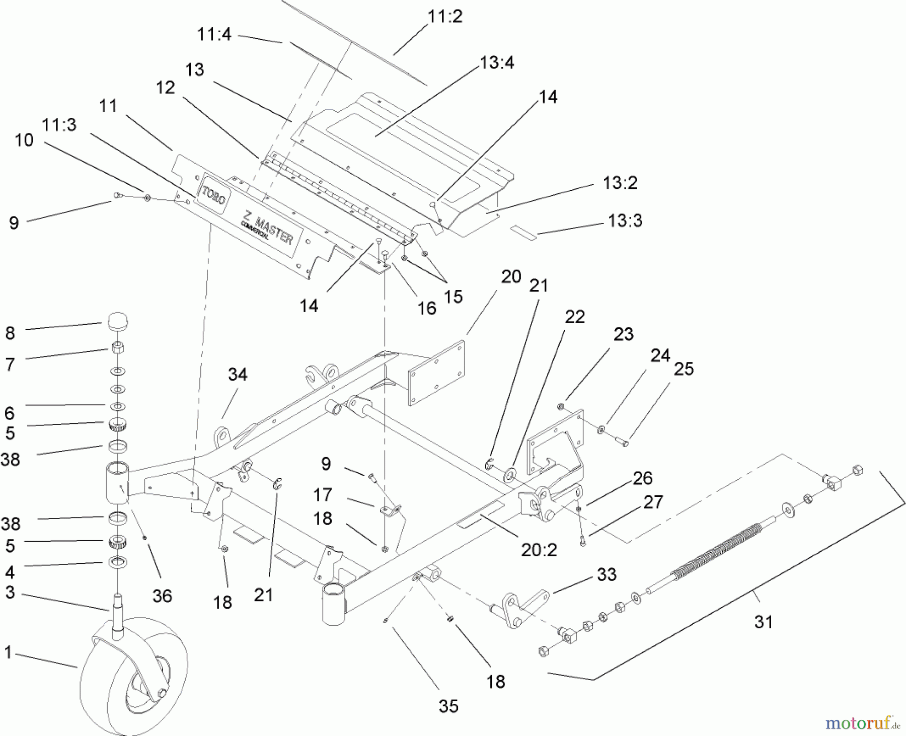  Zerto-Turn Mäher 74161TE (Z147) - Toro Z Master Mower, 112cm SFS Side Discharge Deck (SN: 240000001 - 240001000) (2004) FRONT FRAME ASSEMBLY