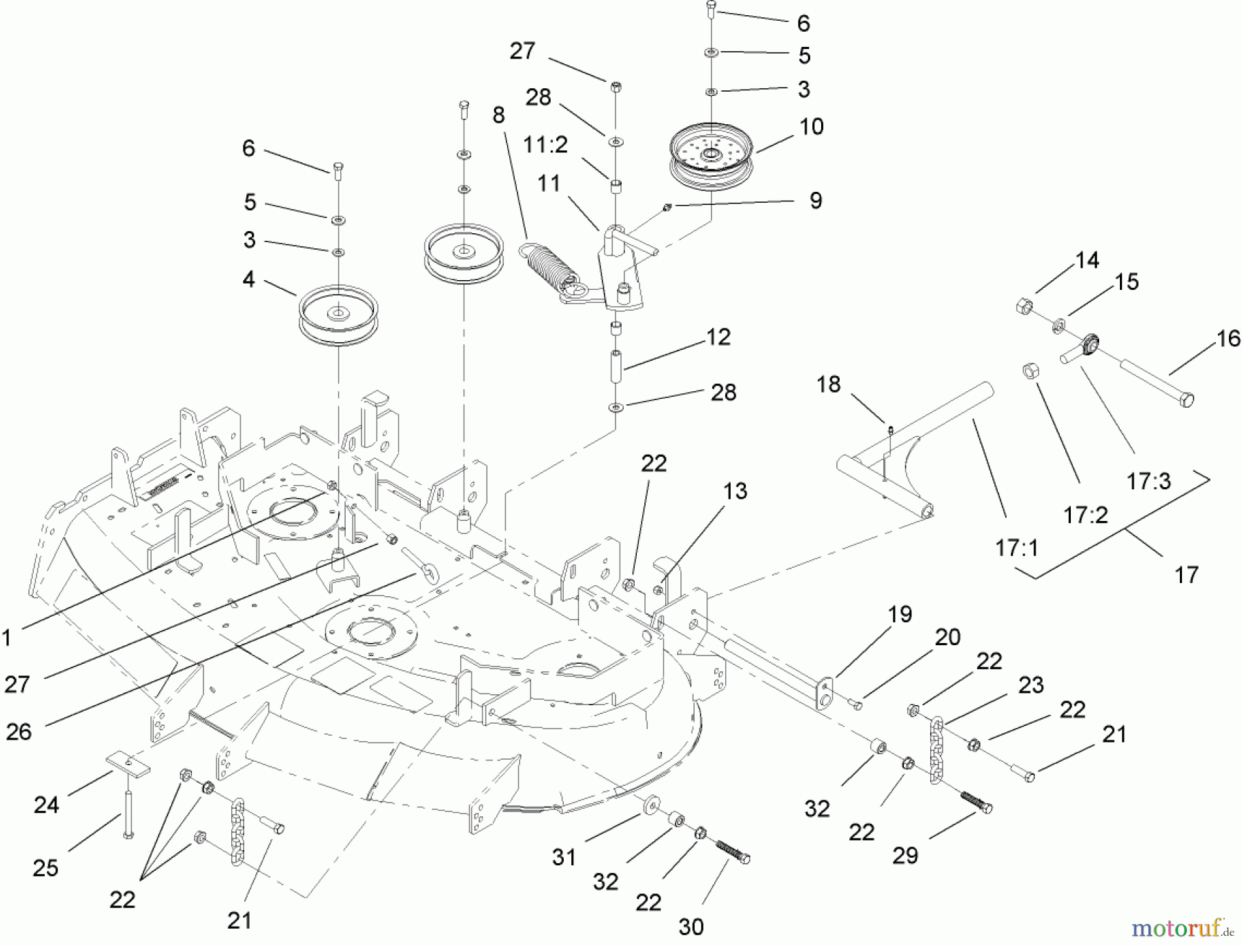  Zerto-Turn Mäher 74161TE (Z147) - Toro Z Master Mower, 112cm SFS Side Discharge Deck (SN: 240000001 - 240001000) (2004) IDLER, PULLEY/LIFT STRUT AND CHAIN ASSEMBLY