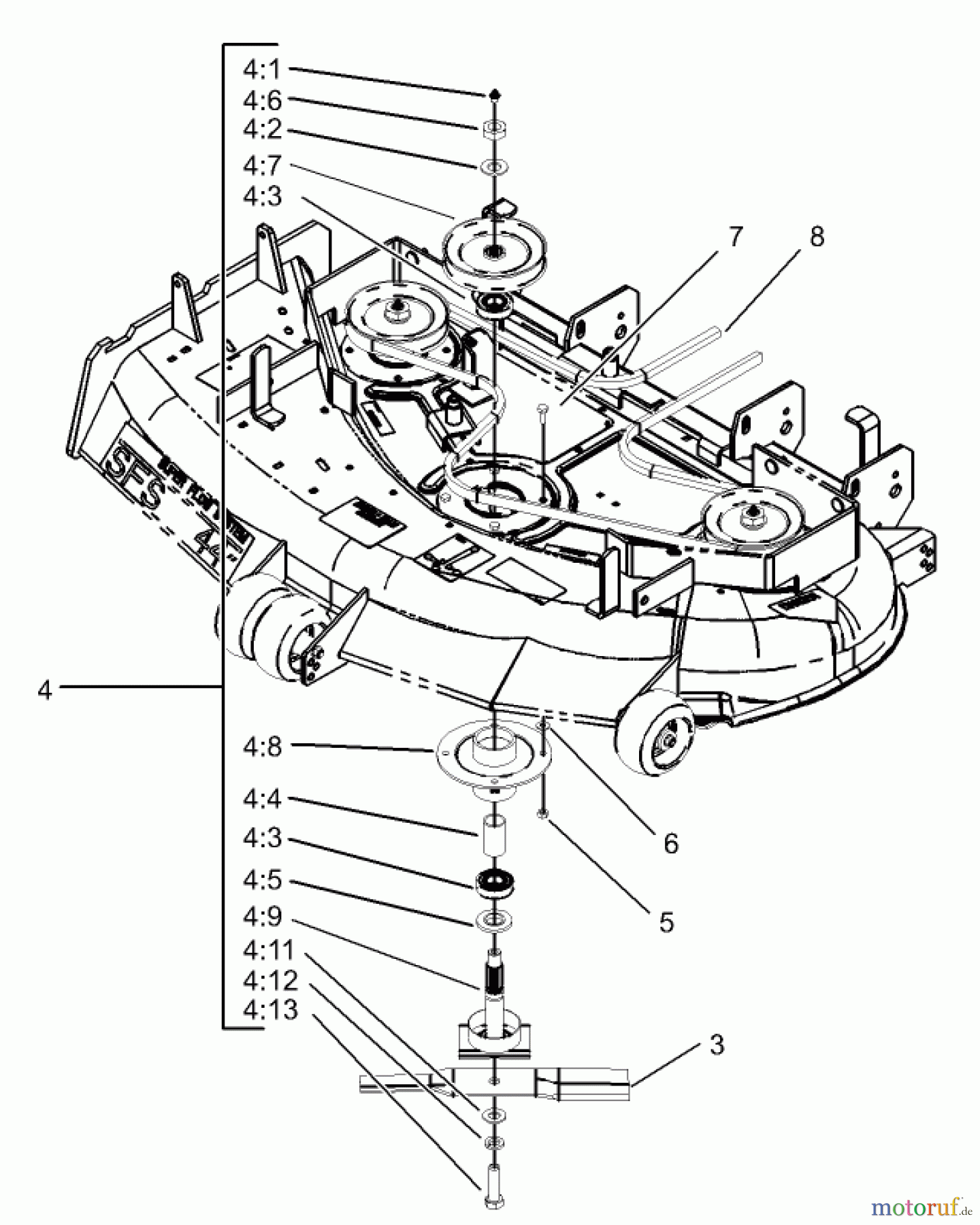  Zerto-Turn Mäher 74176TE (Z147) - Toro Z Master Mower, 112cm SFS Side Discharge Deck (SN: 230006001 - 230007000) (2003) DECK SPINDLE ASSEMBLY