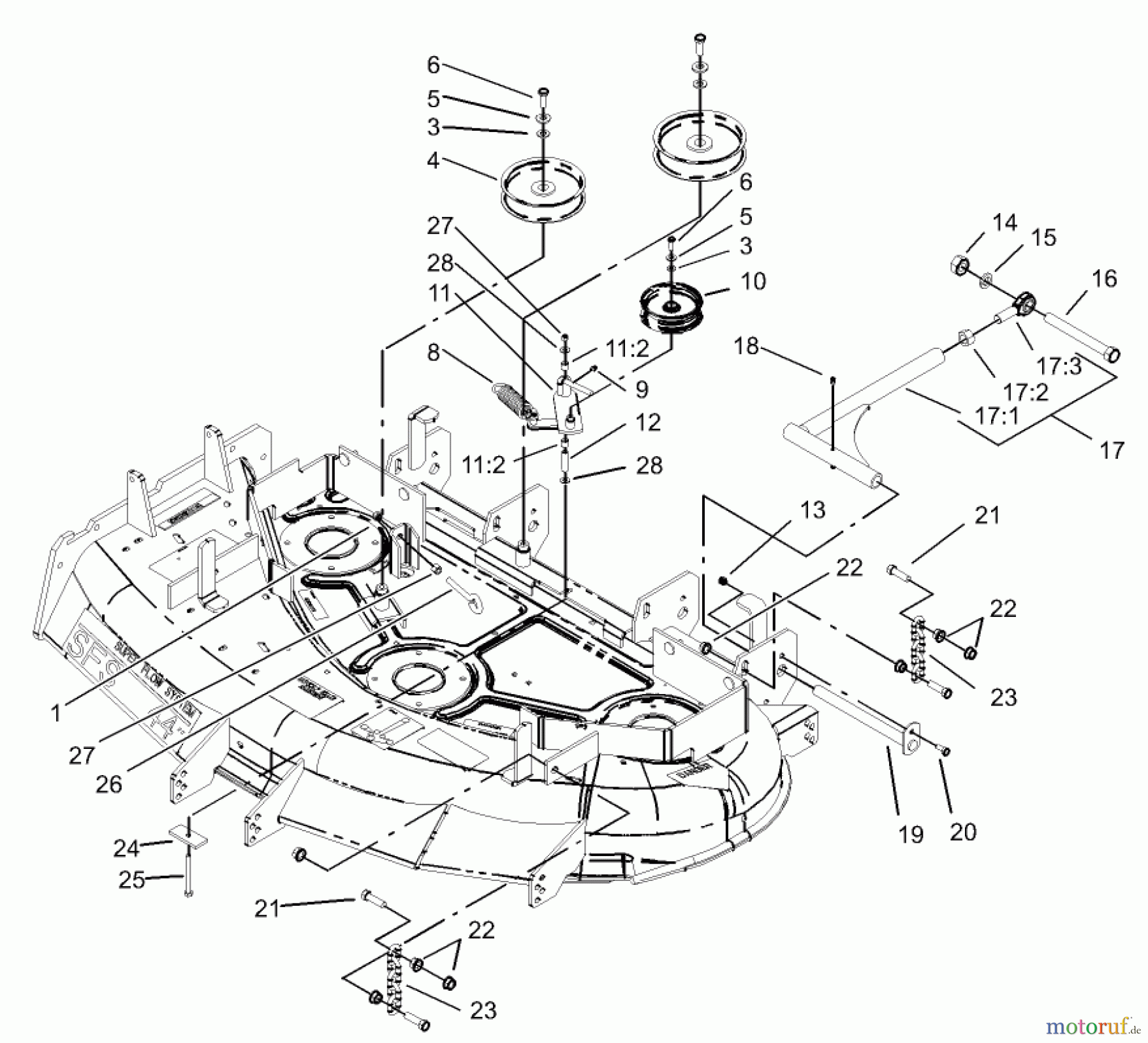  Zerto-Turn Mäher 74176TE (Z147) - Toro Z Master Mower, 112cm SFS Side Discharge Deck (SN: 230007001 - 230999999) (2003) IDLER, PULLEY/LIFT STRUT, CHAIN ASSEMBLY