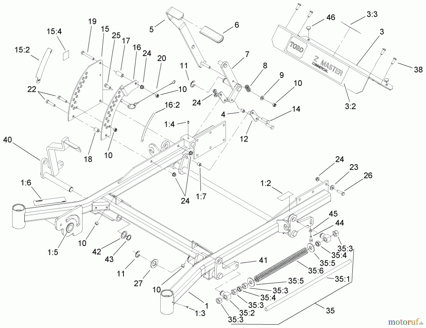  Zerto-Turn Mäher 74246TE (Z557) - Toro Z Master Mower, 152cm TURBO FORCE Side Discharge Deck (SN: 260000001 - 260999999) (2006) FRONT FRAME ASSEMBLY