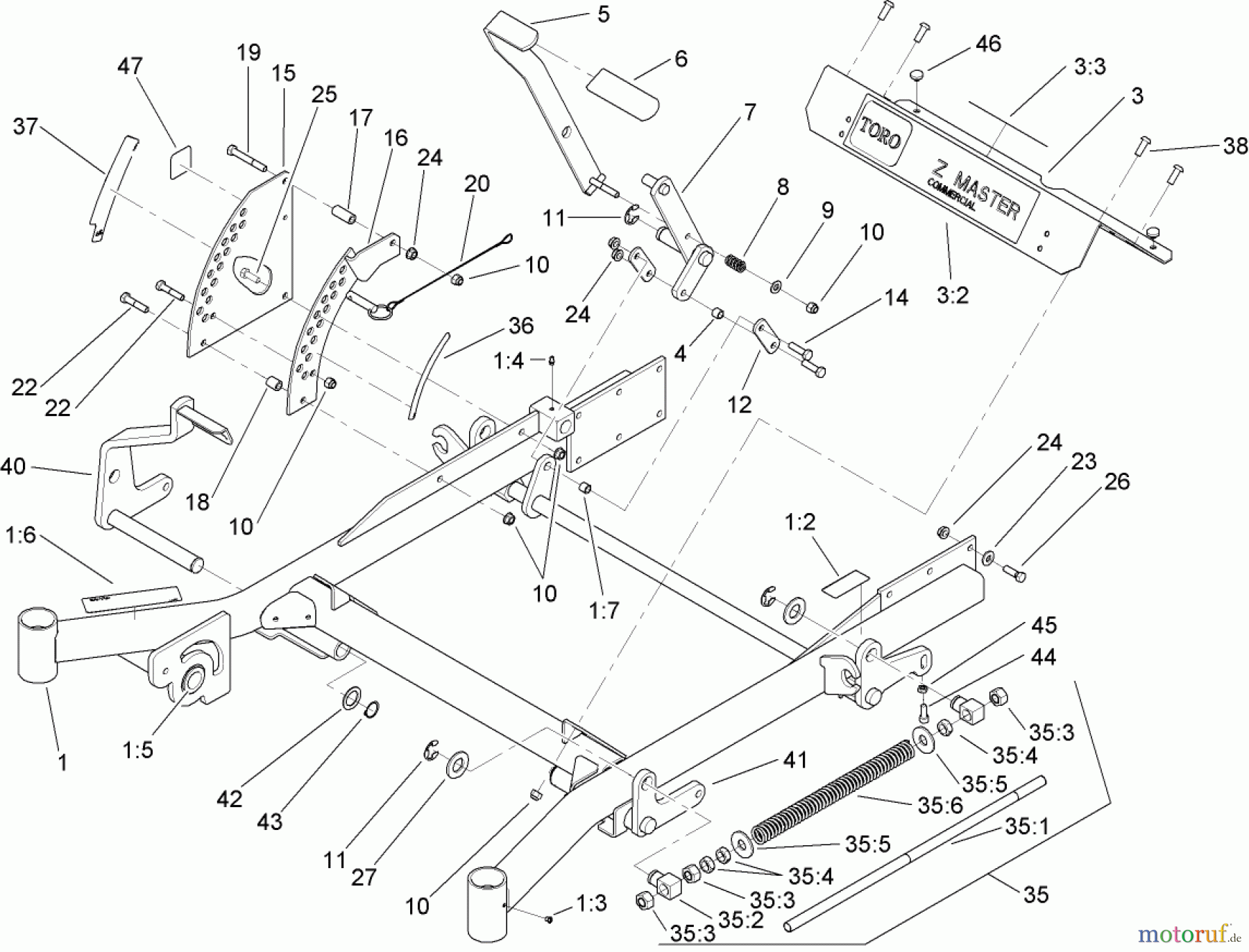  Zerto-Turn Mäher 74262TE (Z500) - Toro Z Master Mower, 152cm TURBO FORCE Side Discharge Deck (SN: 260000001 - 260999999) (2006) FRONT FRAME ASSEMBLY