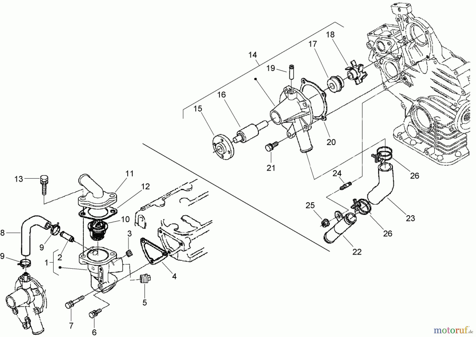  Zerto-Turn Mäher 74264TE (Z593-D) - Toro Z Master Mower, 132cm TURBO FORCE Side Discharge Deck (SN: 270000001 - 270999999) (2007) WATER FLANGE, PUMP, PIPE AND THERMOSTAT ASSEMBLY