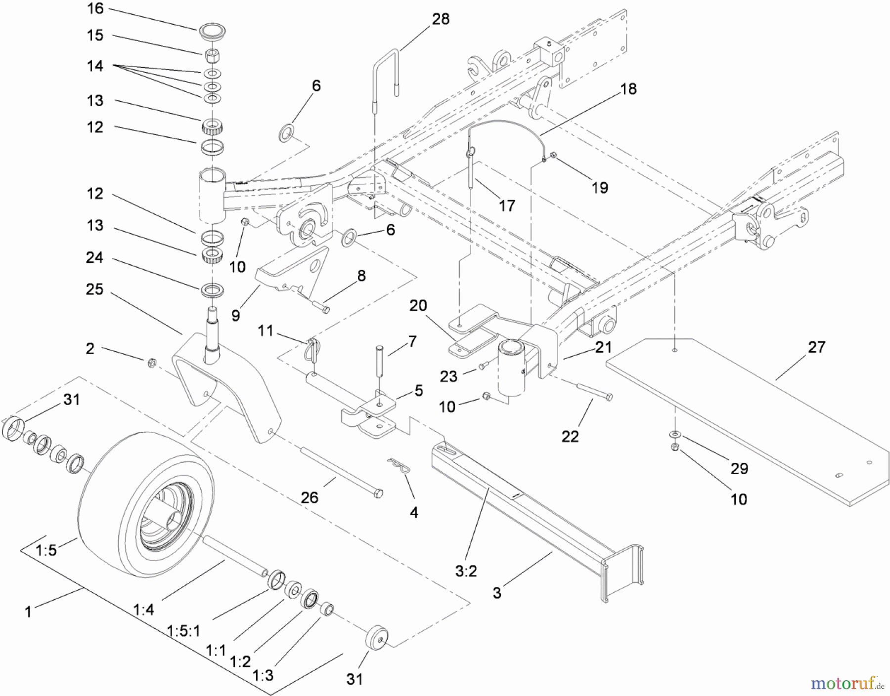  Zerto-Turn Mäher 74265TE (Z580-D) - Toro Z Master Mower, 152cm TURBO FORCE Side Discharge Deck (SN: 310000001 - 310999999) (2010) FORK, CASTER WHEEL AND Z STAND ASSEMBLY