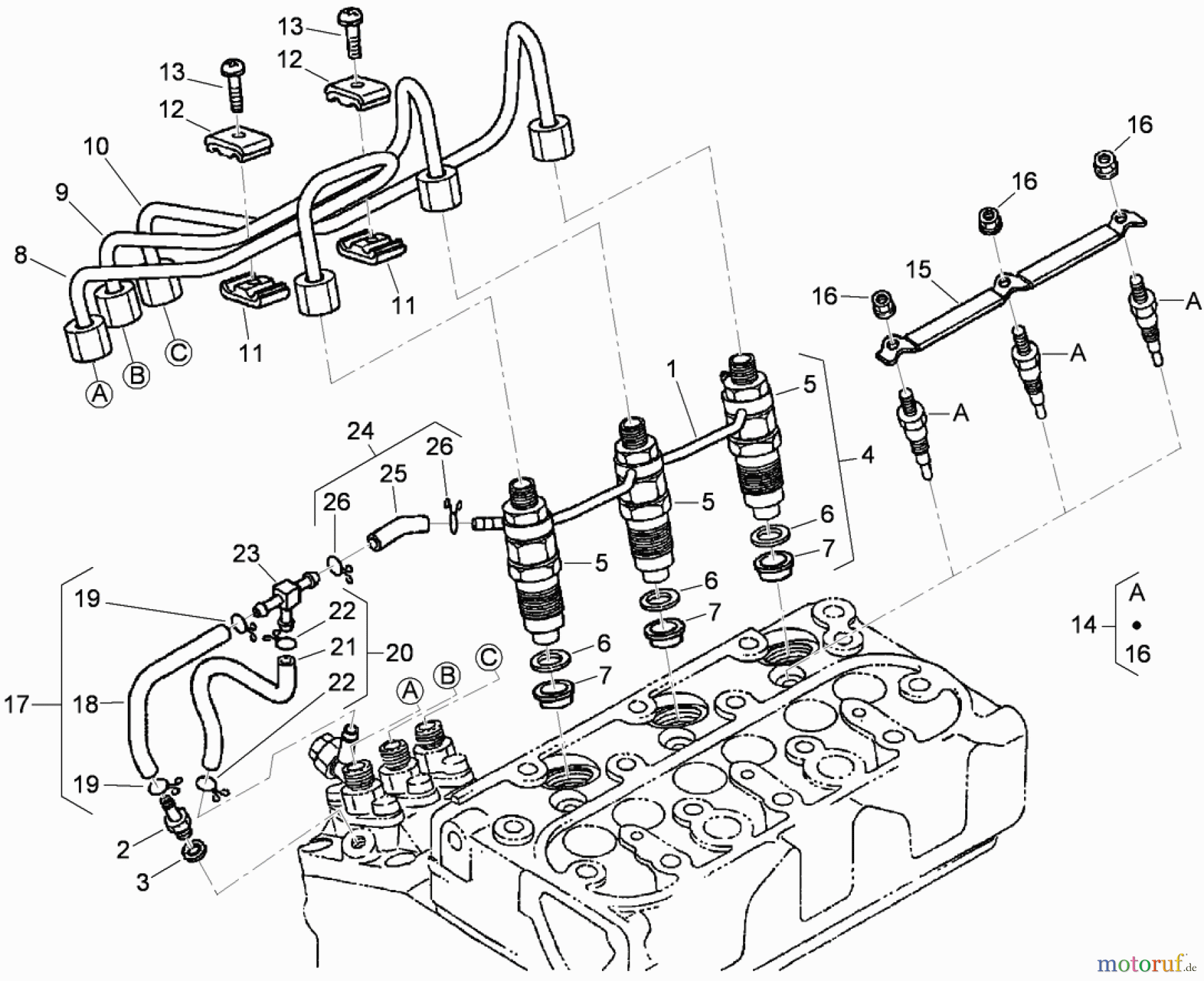  Zerto-Turn Mäher 74265TE (Z580-D) - Toro Z Master Mower, 152cm TURBO FORCE Side Discharge Deck (SN: 310000001 - 310999999) (2010) NOZZLE HOLDER AND GLOW PLUG ASSEMBLY