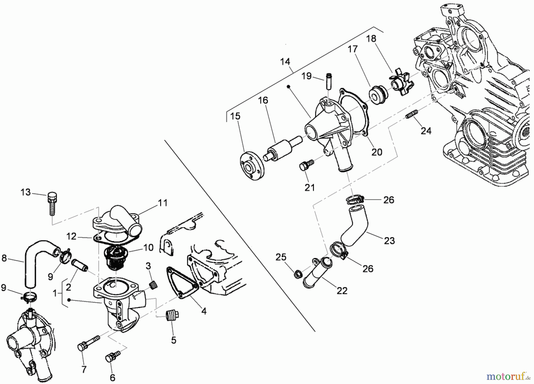  Zerto-Turn Mäher 74265TE (Z580-D) - Toro Z Master Mower, 152cm TURBO FORCE Side Discharge Deck (SN: 310000001 - 310999999) (2010) WATER FLANGE AND THERMOSTAT ASSEMBLY