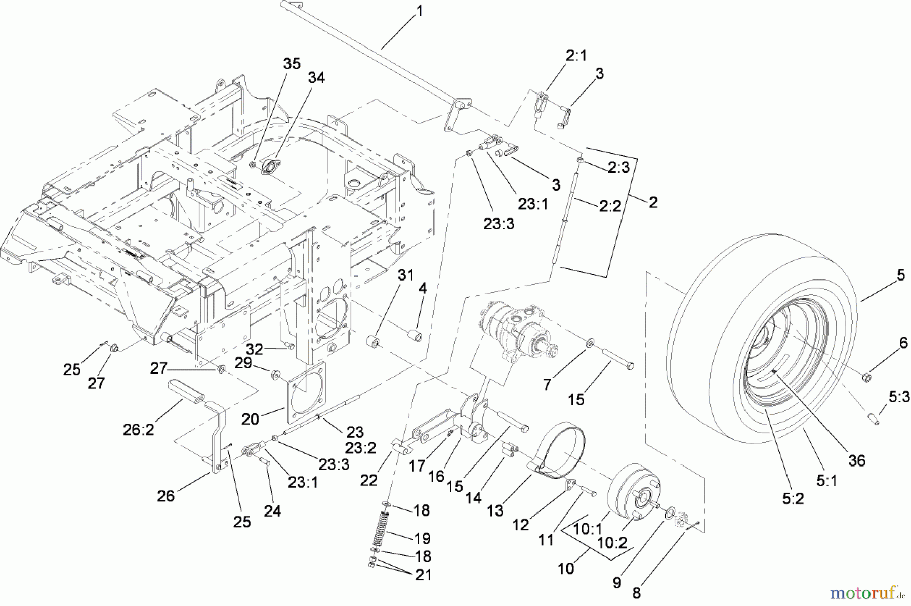  Zerto-Turn Mäher 74265TE (Z580-D) - Toro Z Master Mower, 152cm TURBO FORCE Side Discharge Deck (SN: 311000001 - 311999999) (2011) MAIN FRAME AND REAR WHEEL ASSEMBLY