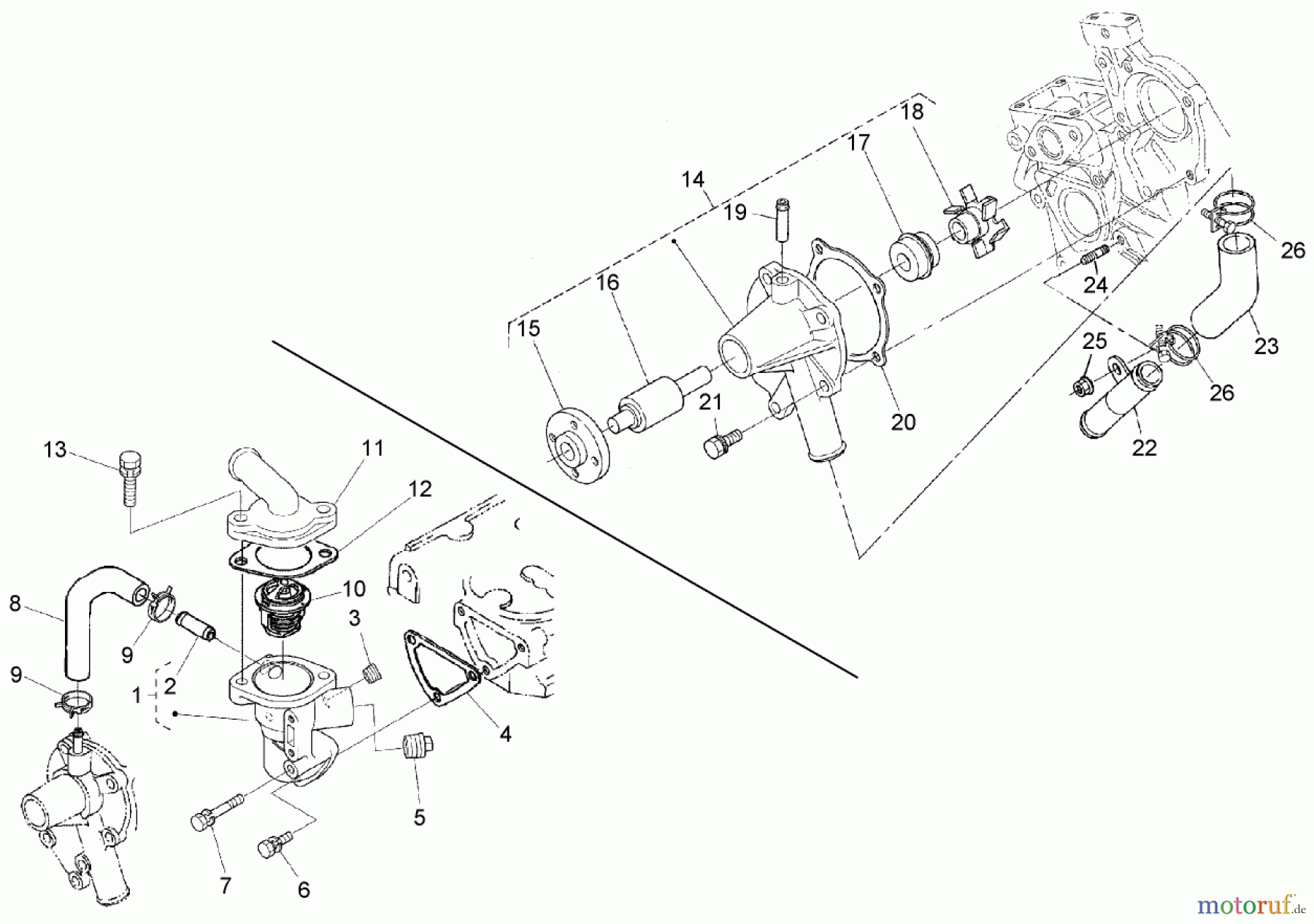  Zerto-Turn Mäher 74265TE (Z593-D) - Toro Z Master Mower, 152cm TURBO FORCE Side Discharge Deck (SN: 260000001 - 260999999) (2006) WATER FLANGE, PUMP, PIPE AND THERMOSTAT ASSEMBLY