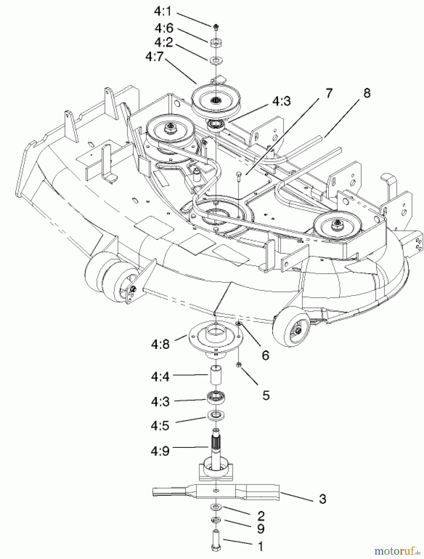  Zerto-Turn Mäher 74270 (Z147) - Toro Z Master Mower, 112cm SFS Side Discharge Deck (SN: 210000001 - 210999999) (2001) DECK SPINDLE ASSEMBLY