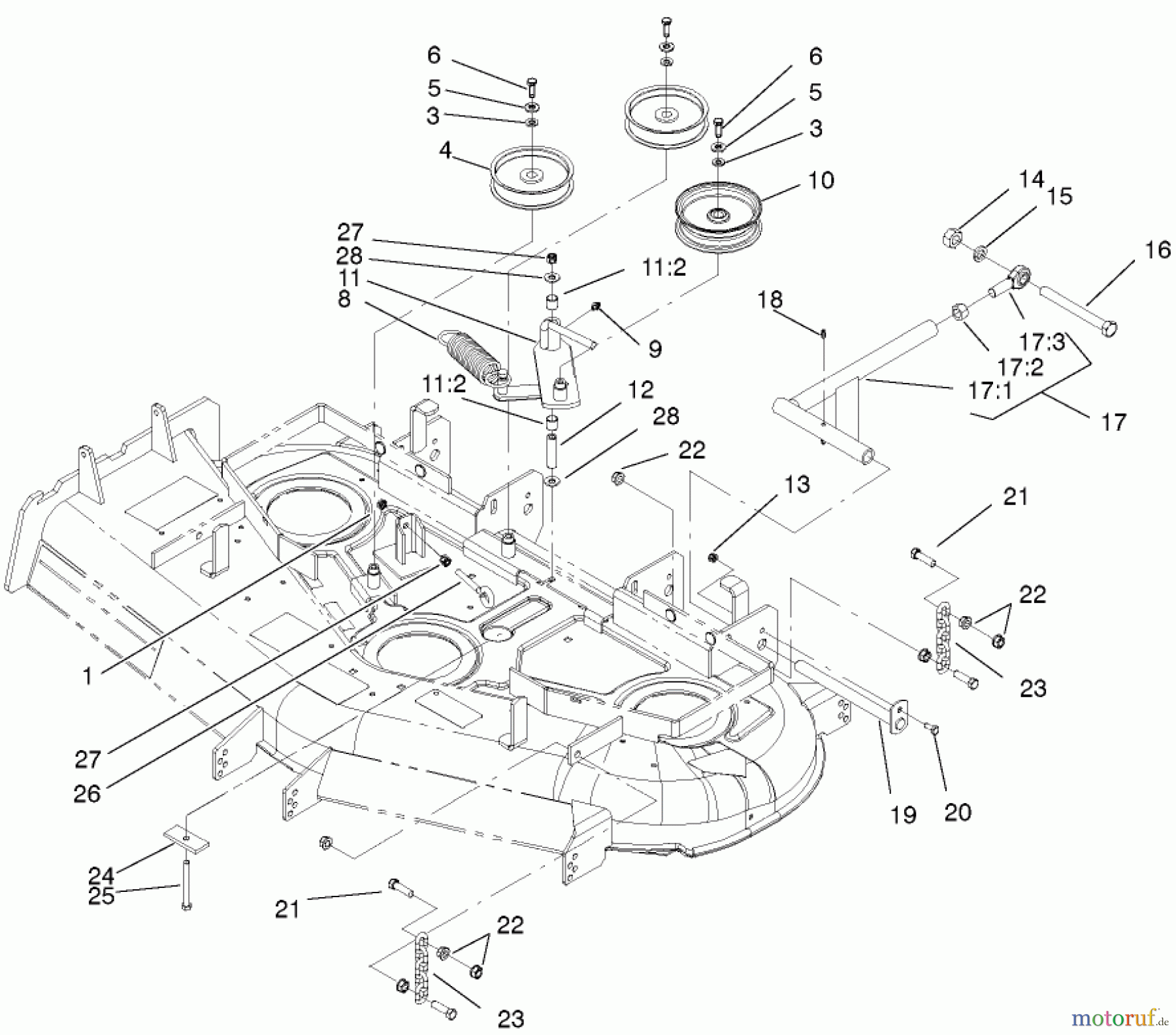  Zerto-Turn Mäher 74270 (Z147) - Toro Z Master Mower, 112cm SFS Side Discharge Deck (SN: 210000001 - 210999999) (2001) IDLER PULLEY/LIFT STRUT AND CHAIN ASSEMBLY