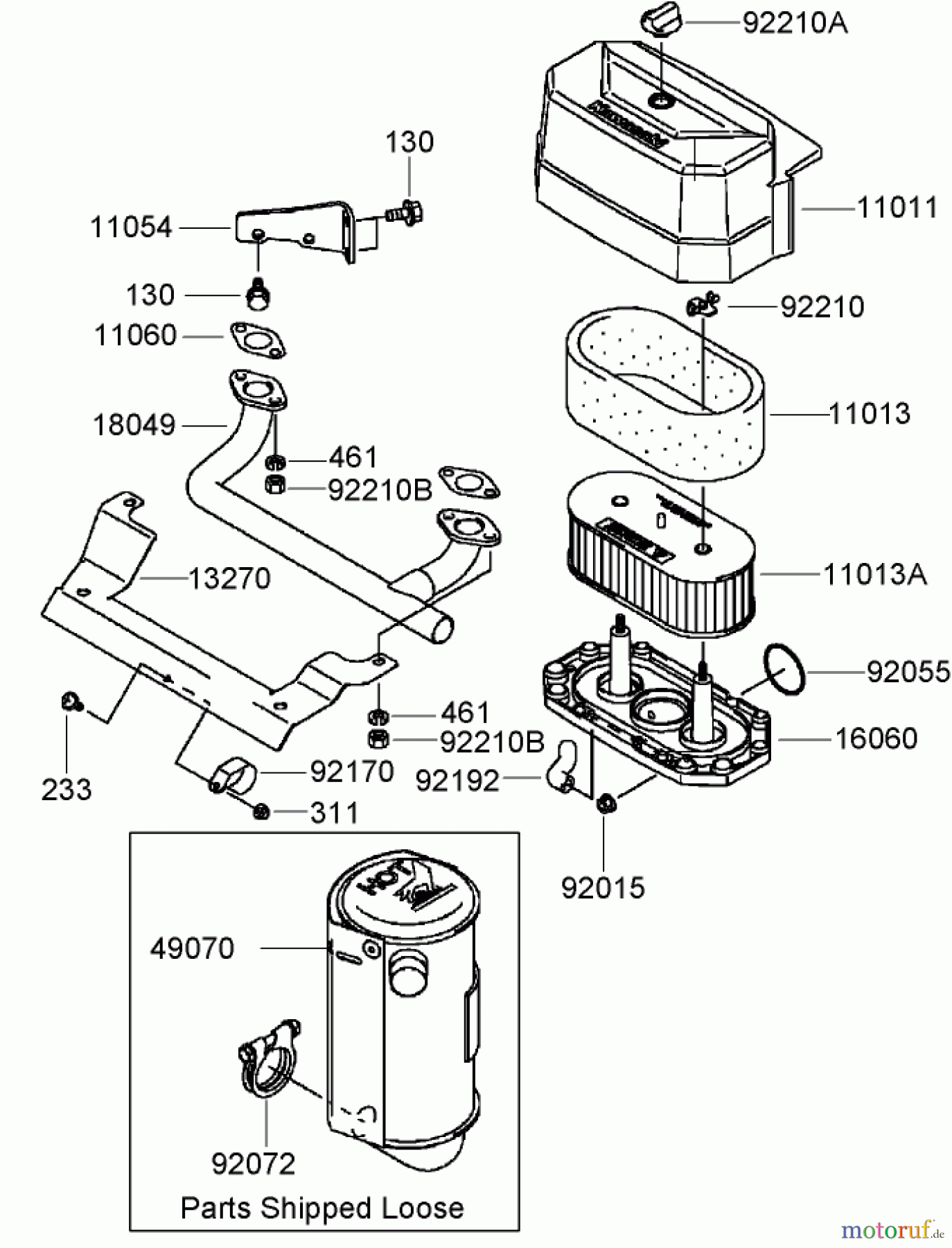  Zerto-Turn Mäher 74408TE (Z300) - Toro Z Master Mower, 86cm 7-Gauge Side Discharge Deck (SN: 280000001 - 280999999) (2008) AIR FILTER AND MUFFLER ASSEMBLY KAWASAKI FH580V-AS50-R