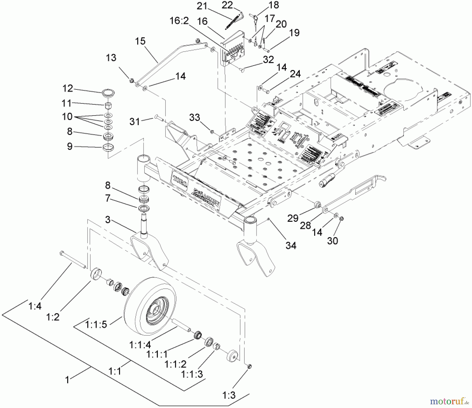  Zerto-Turn Mäher 74408TE (Z334) - Toro Z Master Mower, 86cm 7-Gauge Side Discharge Deck (SN: 270000701 - 270999999) (2007) CASTER AND HEIGHT-OF-CUT ASSEMBLY