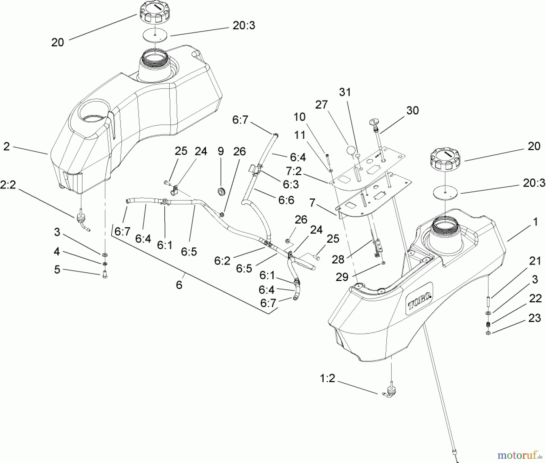  Zerto-Turn Mäher 74411TE (Z149) - Toro Z Master Mower, 112cm SFS Side Discharge Deck (SN: 250000001 - 250999999) (2005) FUEL SYSTEM ASSEMBLY