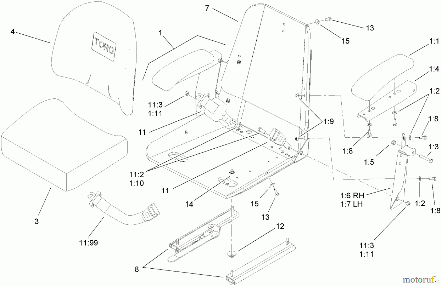  Zerto-Turn Mäher 74421TE (Z450) - Toro Z Master Mower, 122cm TURBO FORCE Side Discharge Deck (SN: 280000001 - 280999999) (2008) SEAT AND BRACKET ASSEMBLY NO. 110-0446