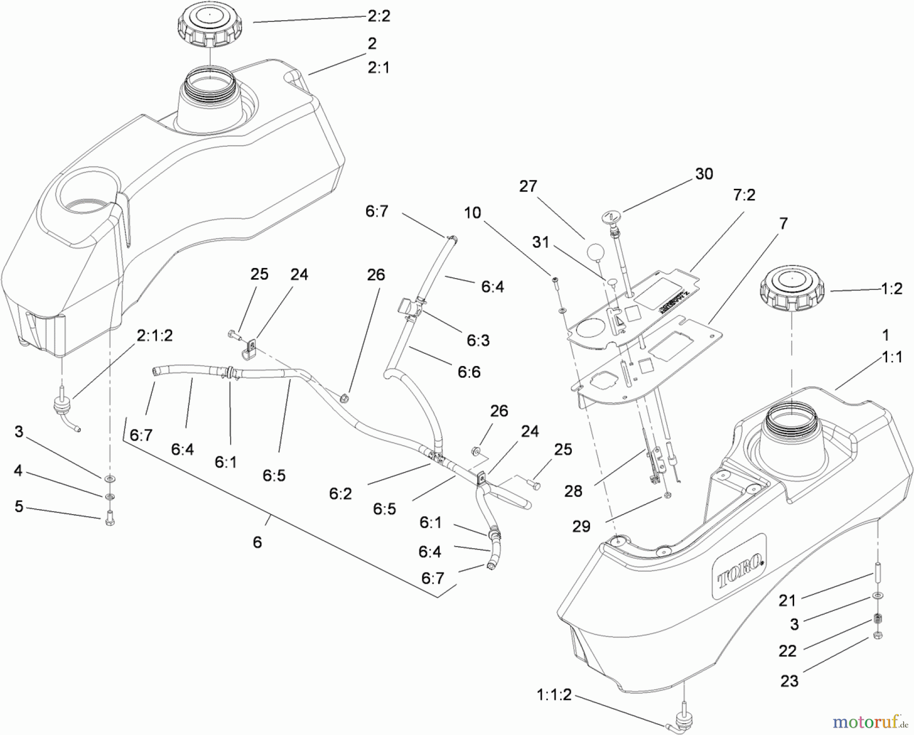  Zerto-Turn Mäher 74450TE (Z400) - Toro Z Master Mower, 122cm TURBO FORCE Side Discharge Deck (SN: 310000001 - 310999999) (2010) FUEL SYSTEM ASSEMBLY