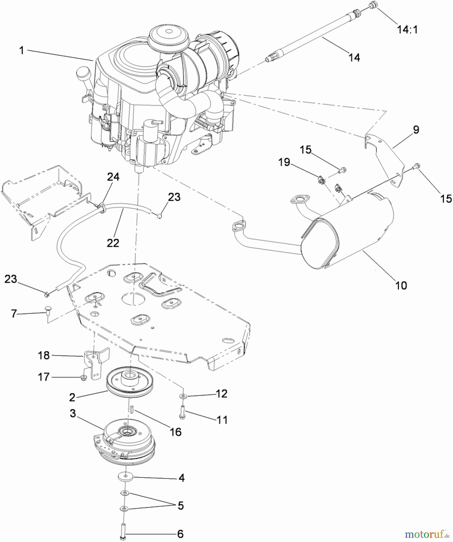  Zerto-Turn Mäher 74923TE - Toro Z Master G3 Riding Mower, 132cm TURBO FORCE Side Discharge Deck (SN: 310000001 - 310999999) (2010) ENGINE, CLUTCH AND MUFFLER ASSEMBLY